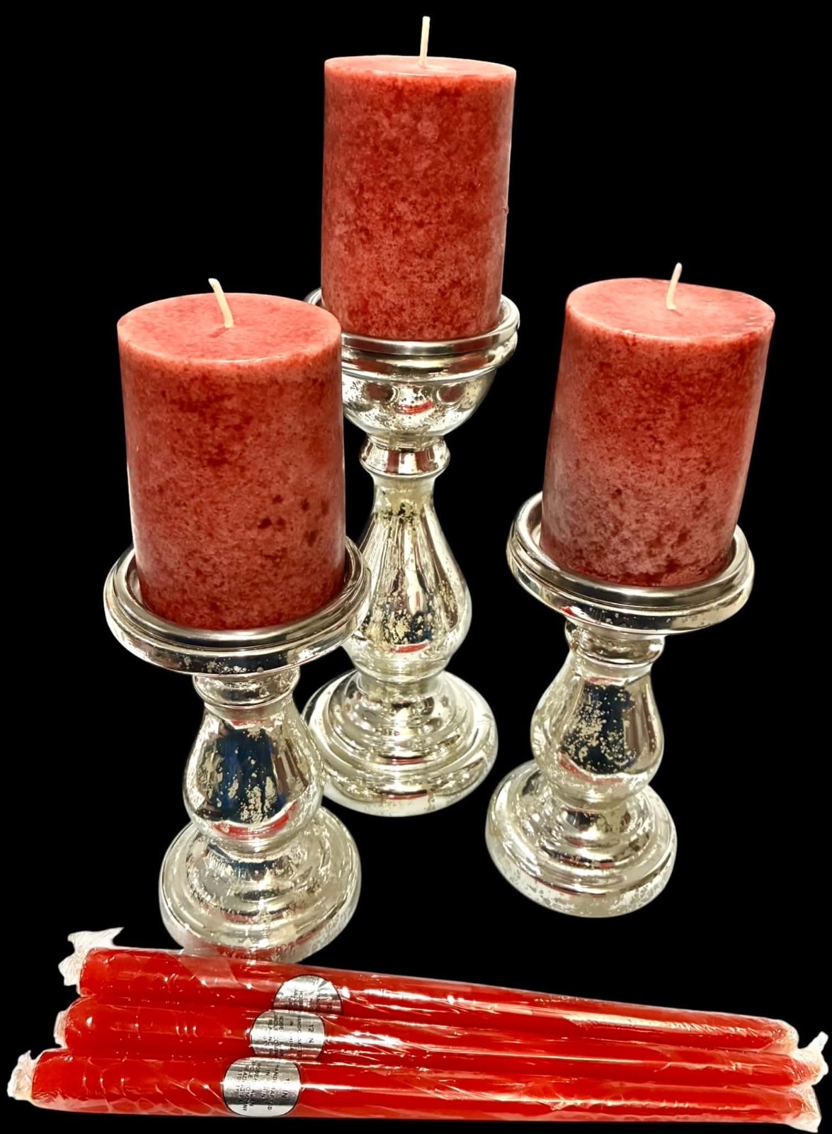 Lot Silver Mercury Glass Candle Holders 3x Pillar 3x Taper Candles Centerpieces Lot Silver Mercury Glass Candle Holders 3x Pillar 3x Taper Candles Centerpieces
