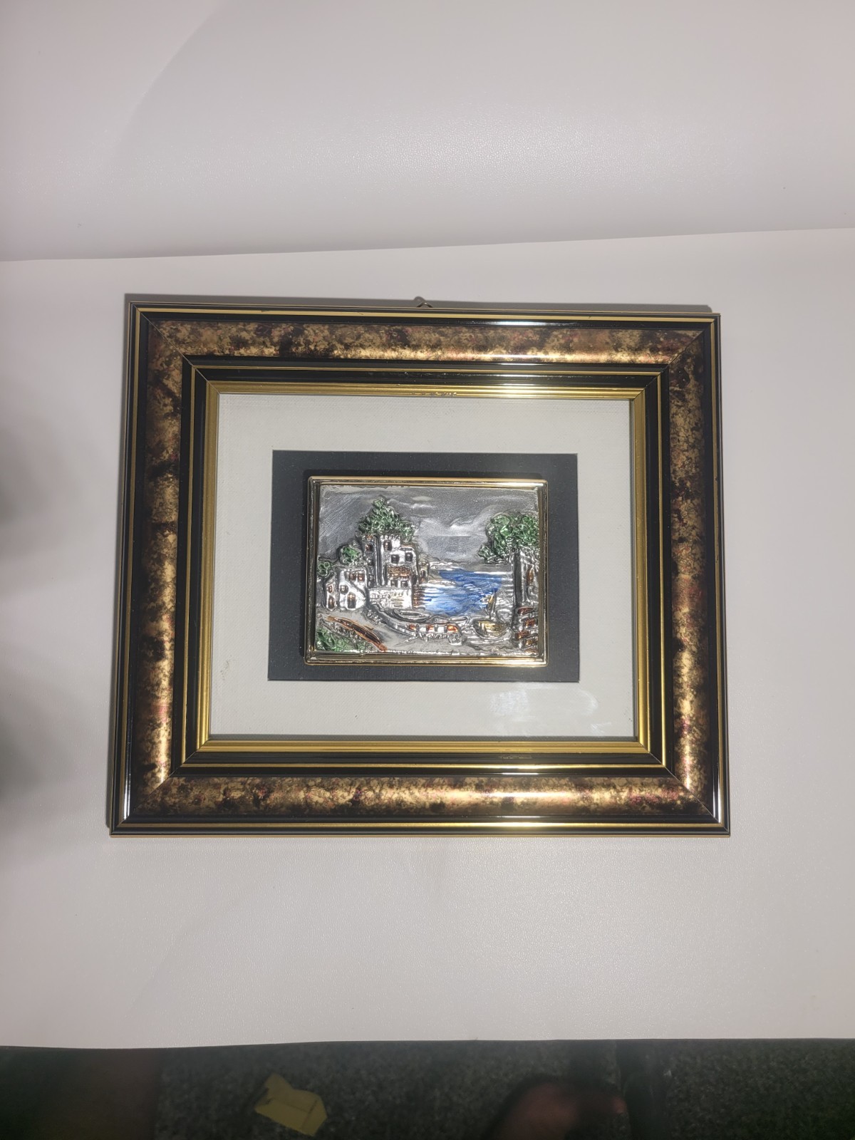 Vintage Italian Silver 3D Bas Relief Framed Art Coastal Village Scene Made in... Vintage Italian Silver 3D Bas Relief Framed Art Coastal Village Scene Made in...