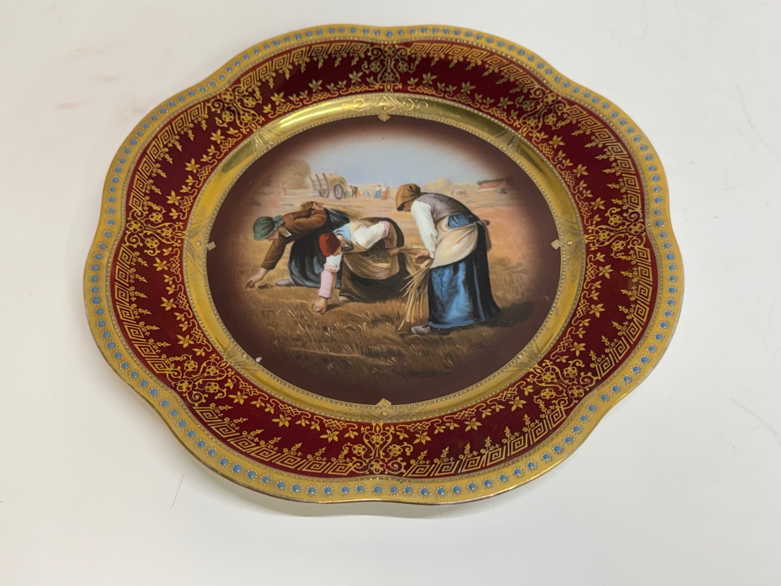 Antique Royal Vienna “The Gleaners” Porcelain Hand Painted Burgundy Plate Antique Royal Vienna “The Gleaners” Porcelain Hand Painted Burgundy Plate