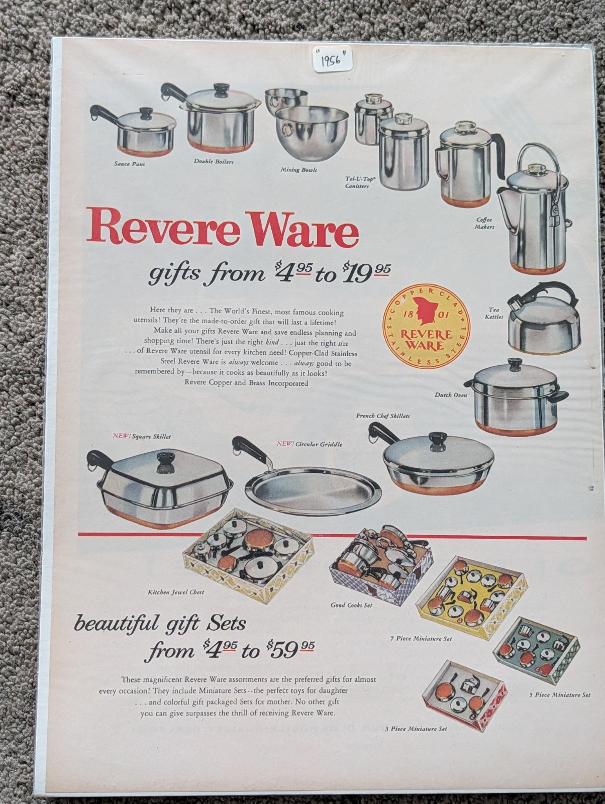 1956 VTG Original Magazine Ad Revere Ware Beautiful Gift Sets Dishes Pots Pans