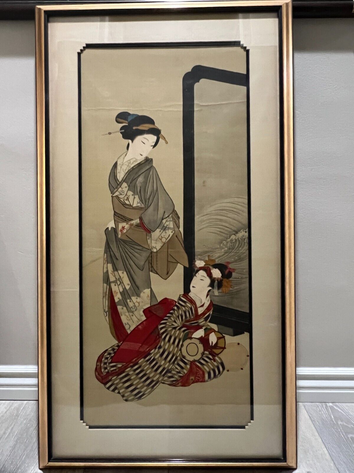 Vintage Japanese 2 Geishas Print on Silk, Signed, Framed, 15 1/2\