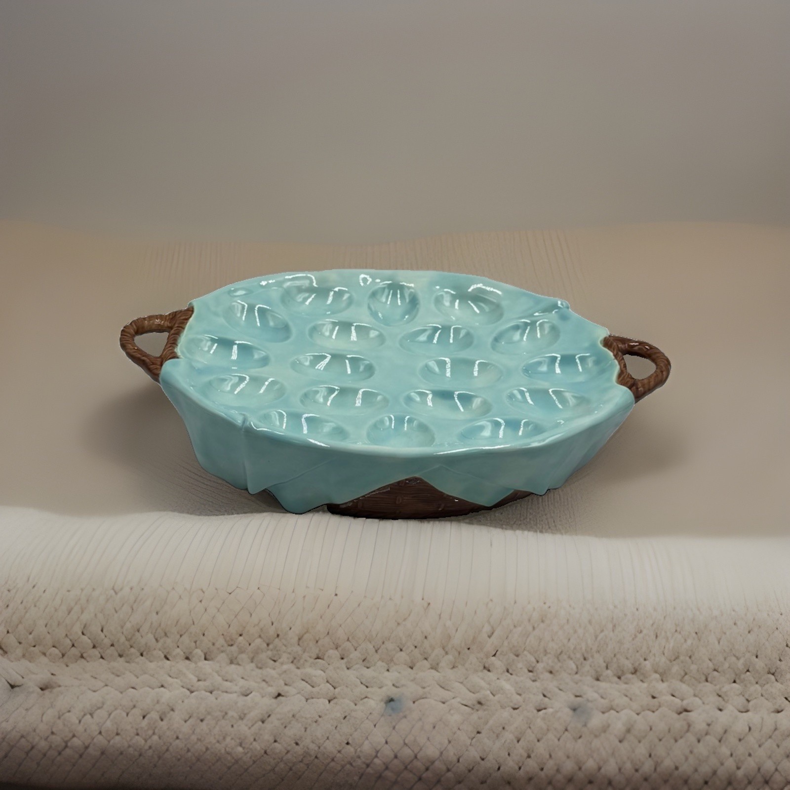 VTG 1986 Ceramic Deviled Egg Platter Mold Basket Weave Aqua 18 Egg Handpainted