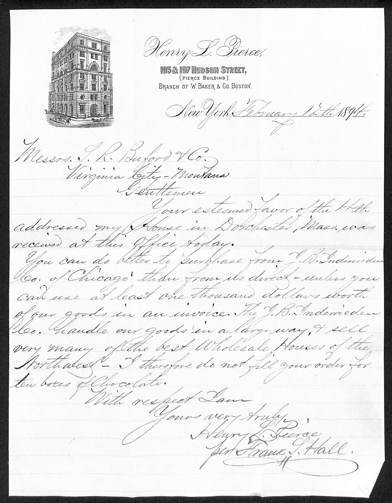 1894 Henry L. Pierce NYC ALS Letterhead to S.R. Buford MT Rejected Chocolate Buy