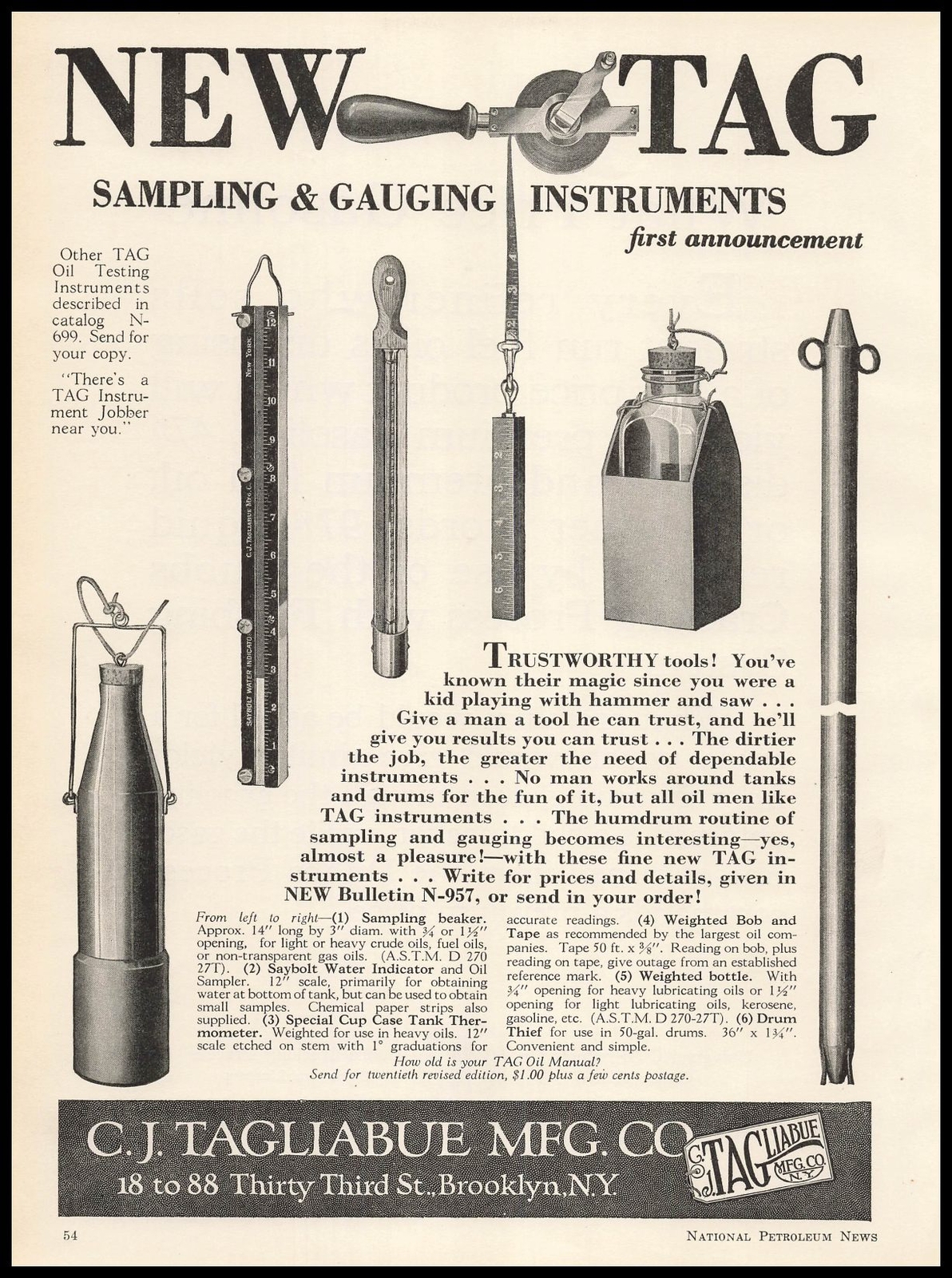 1928 C. J. Tagliabue Brooklyn NY Sampling & Gauging Instruments Vintage Print Ad 1928 C. J. Tagliabue Brooklyn NY Sampling & Gauging Instruments Vintage Print Ad