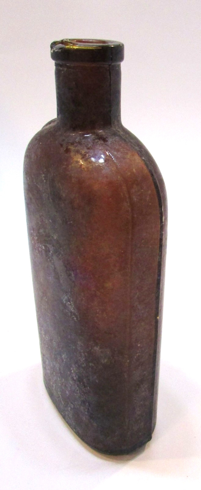 Old 1880\'s Brown Glass Slug Plate Strap Side Flask Antique 7.5\