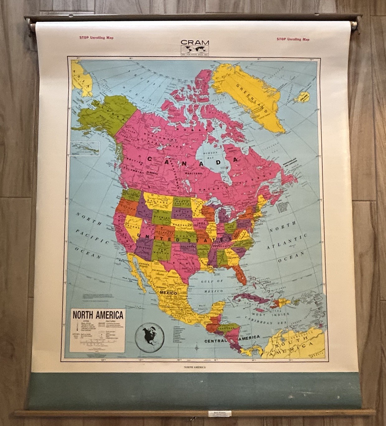 Vintage Cram North America Pull Down School Map Classroom Retro Industrial Decor