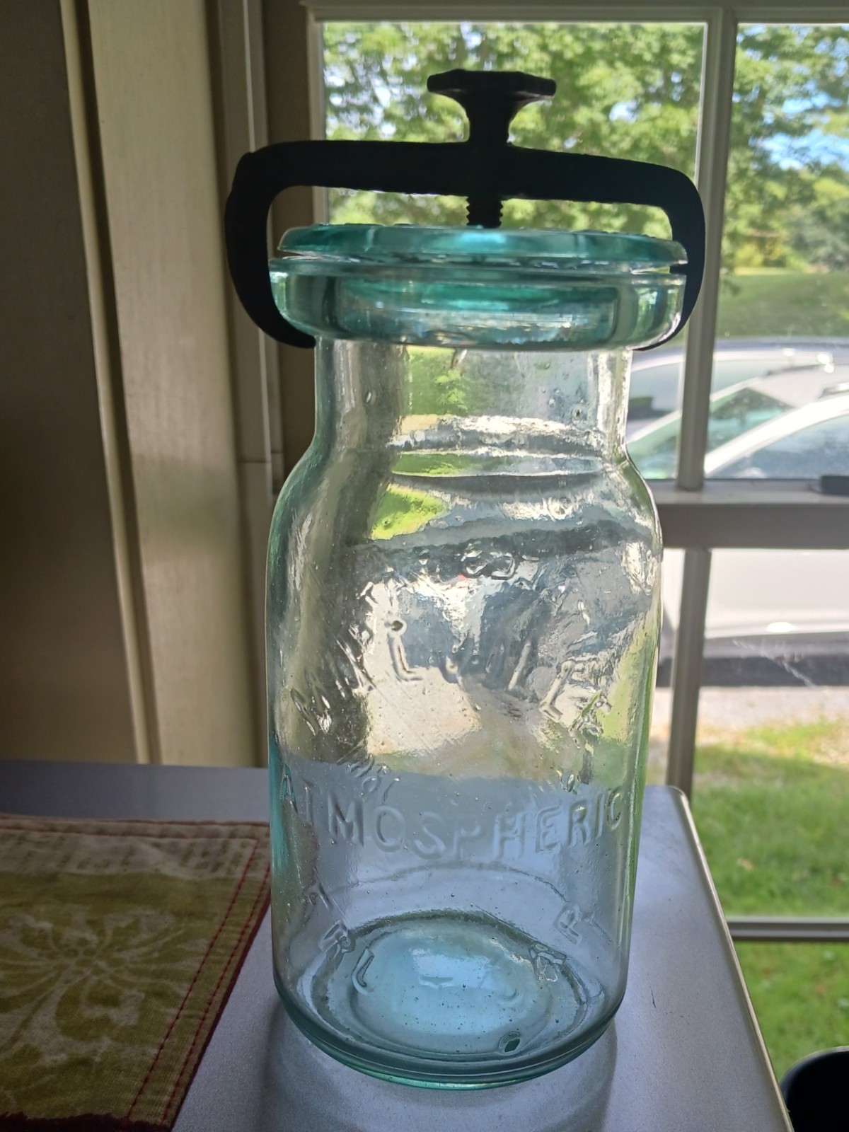 Antique Aqua Pint Whitall's June 18th 1861 Patent Atmospheric Fruit Jar w/ Yoke