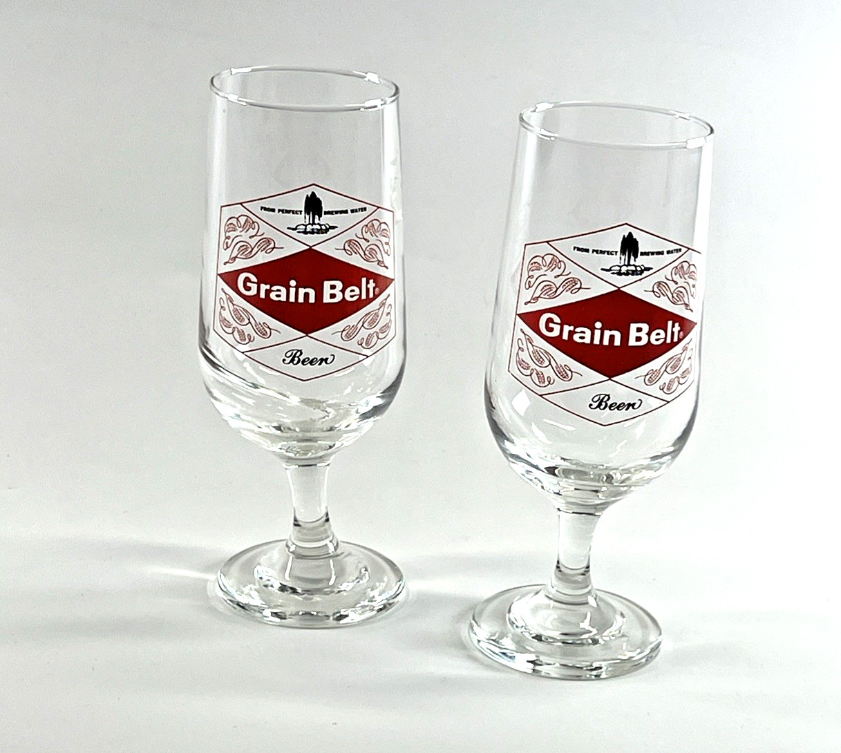Vintage Two 1967 Grain Belt  Beer Drinking Glasses 7 Inch ACL Clear Stemmed