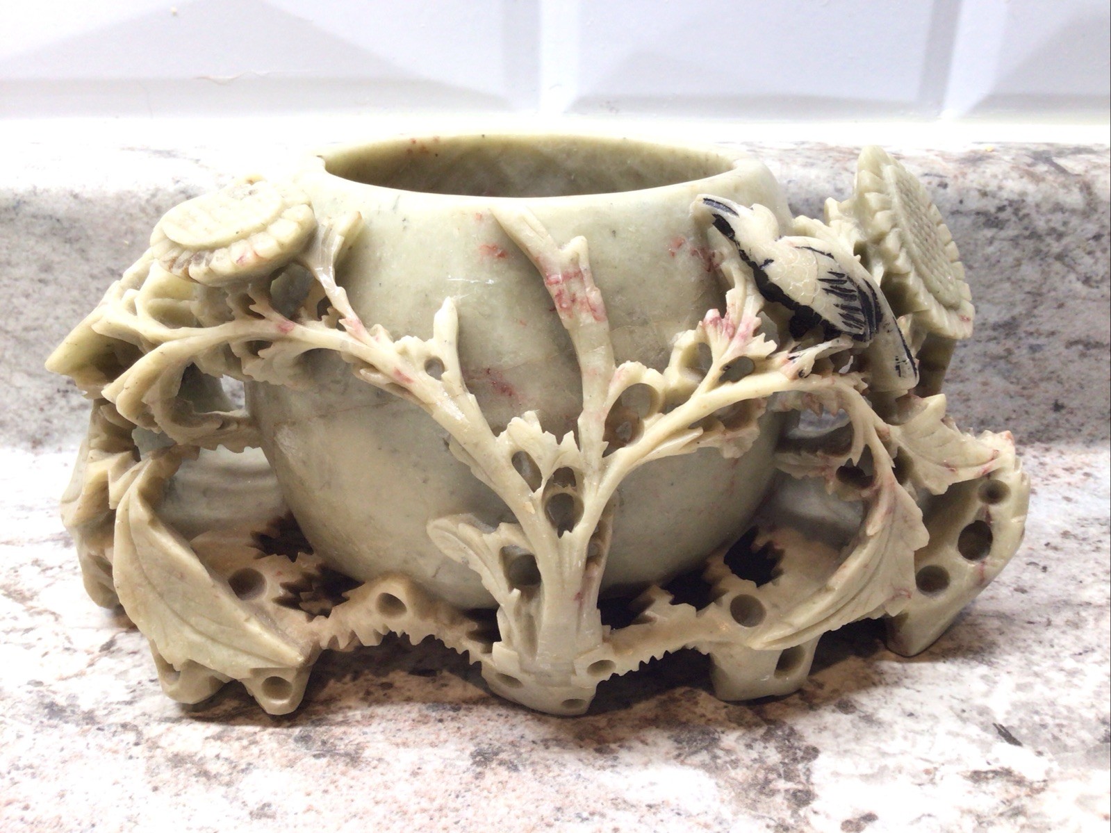 VINTAGE CHINESE SOAPSTONE Bowl/vase CARVED WITH Birds Flowers Leaves