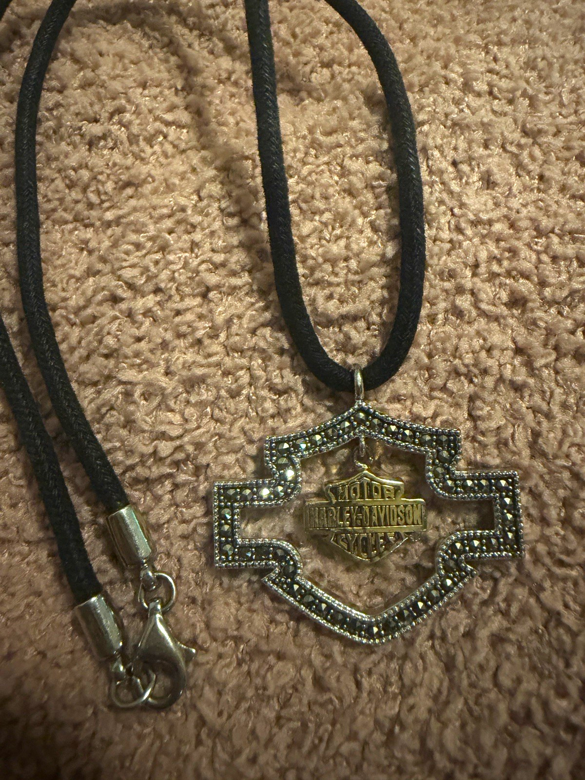 Vintage Franklin Mint Harley-Davidson Silver Necklace on Black Cord Vintage Franklin Mint Harley-Davidson Silver Necklace on Black Cord