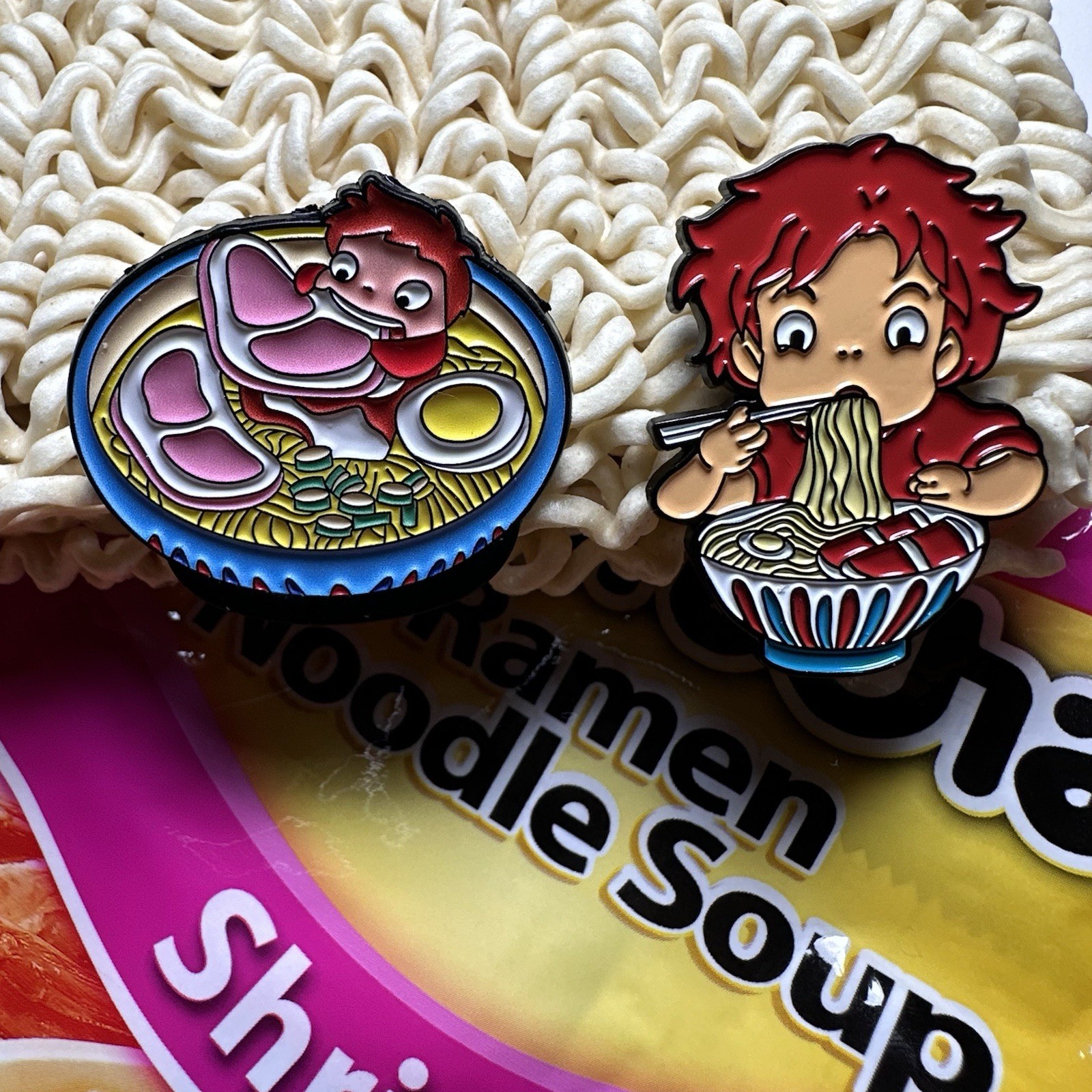 Ponyo Eating Ramen Enamel Pins Set Of 2 Chibi Anime Sea Characters Collection