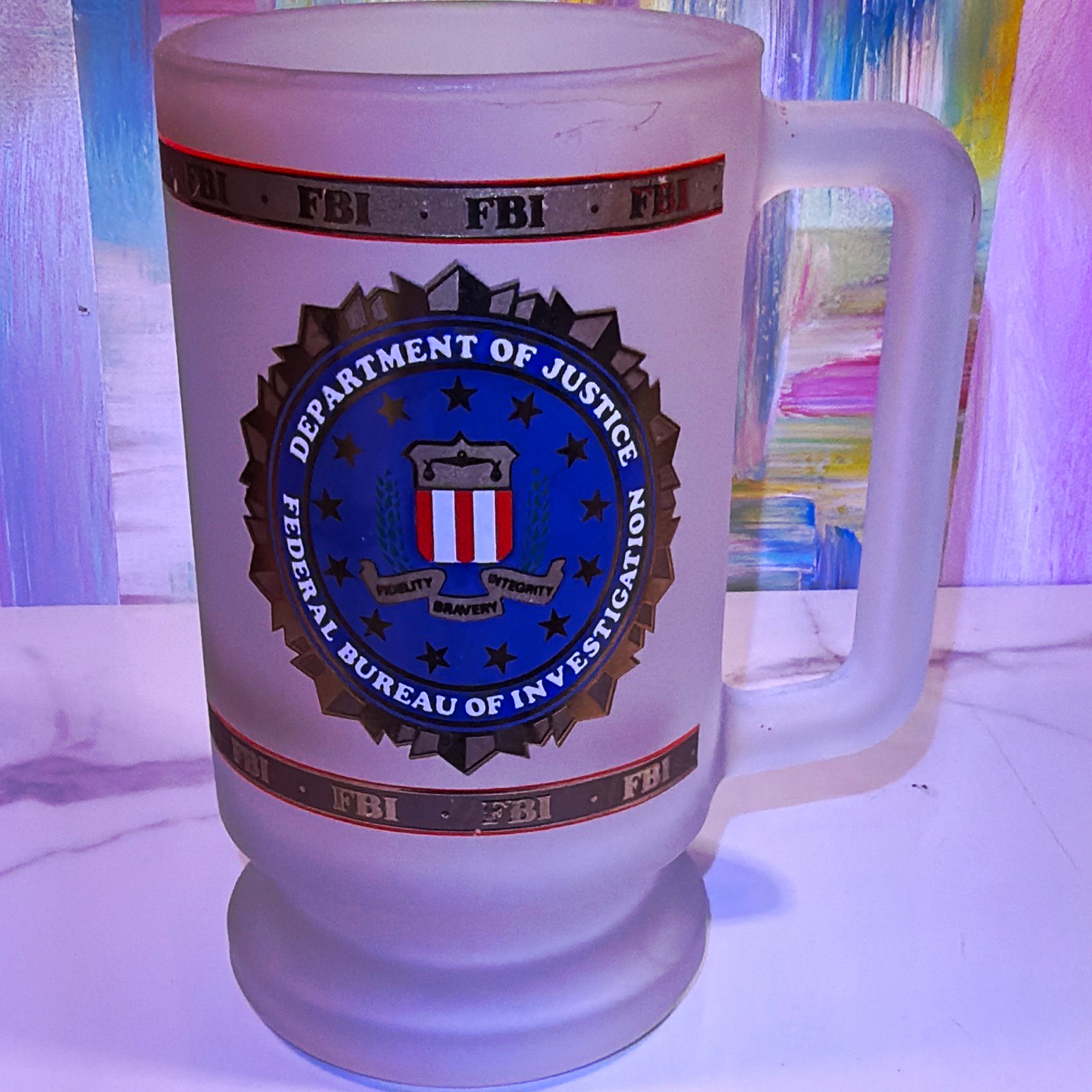 FBI Department of Justice Frosted Glass Mug Stein w/ Handle Seal