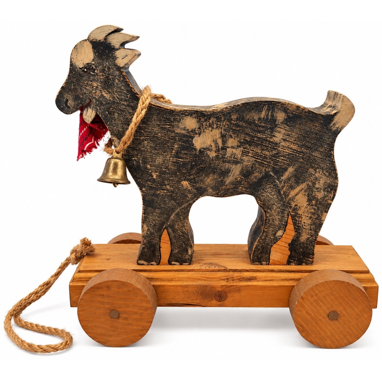 Vintage Shank's Primitive Folk Art Wood Goat Pull Toy 1990s Rustic Country Decor