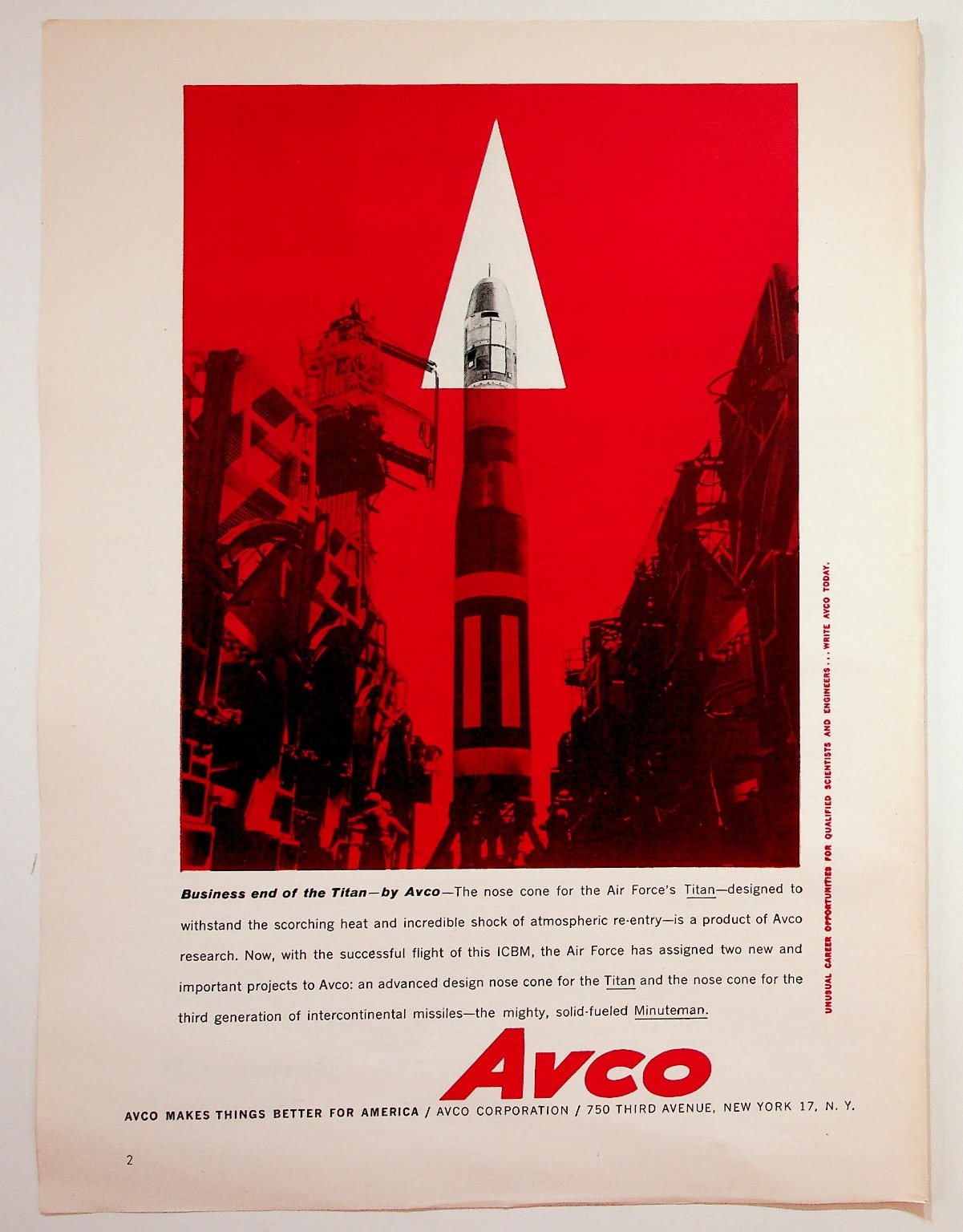 Vintage Avco Titan ICBM Missile Nose Cone Ad Art Cold War Space Race Ephemera Vintage Avco Titan ICBM Missile Nose Cone Ad Art Cold War Space Race Ephemera