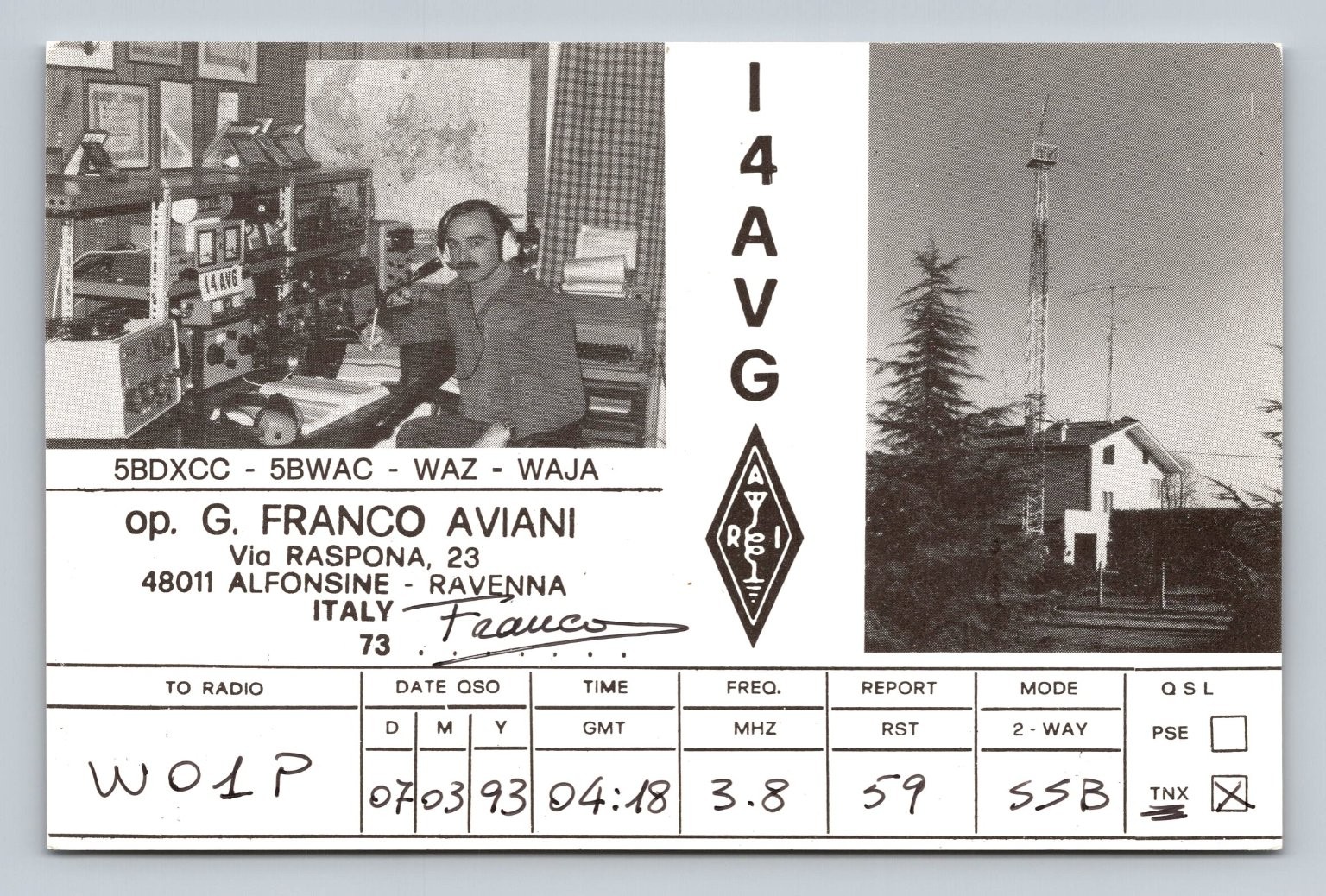 Ham Radio QSL I4AVGA Italy Alfonsine 1993 3.8 MHz SSB Contact Ham Radio QSL I4AVGA Italy Alfonsine 1993 3.8 MHz SSB Contact