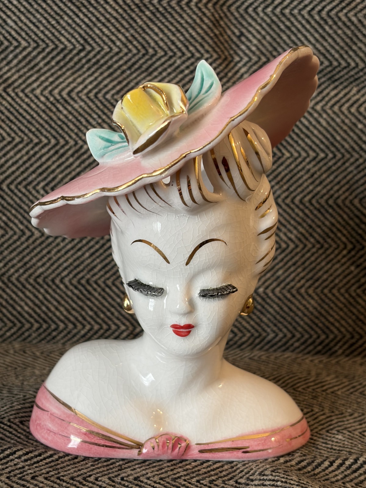 Vintage LEFTON PINK LADY Head Vase Gold Trim 5.25\