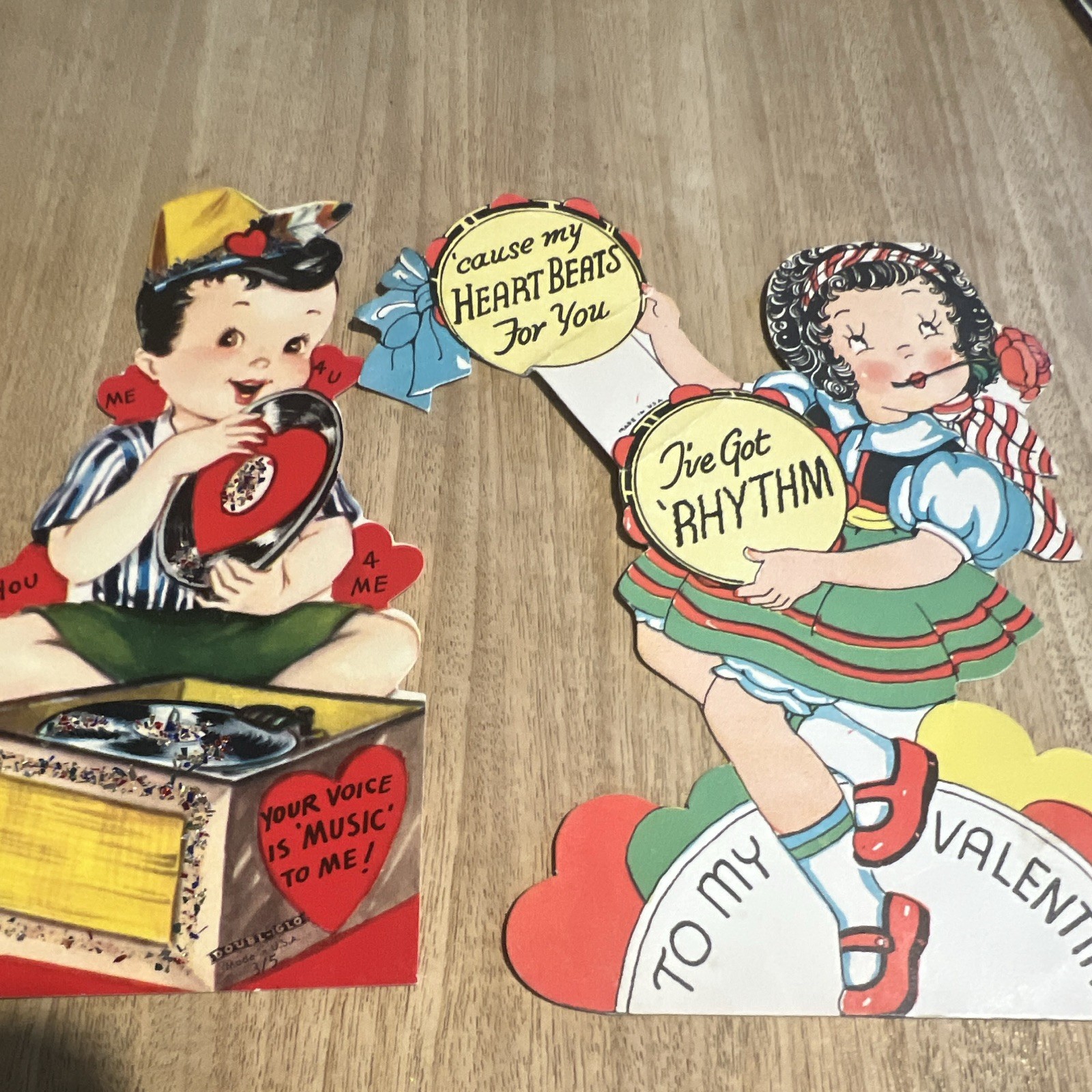 Vintage Valentine’s Day Greeting Cards Lot of 2 Die-Cut Music Theme Boy & Girl