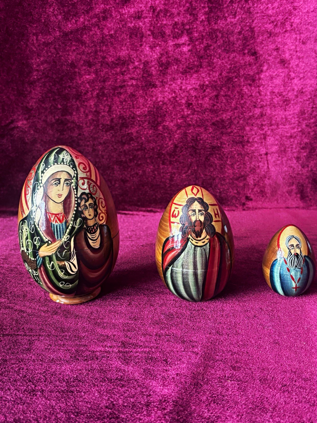  Vtg Signed A. Ishchenko Wooden Orthodox Icon Nesting Eggs 3pc Set Matryoshka