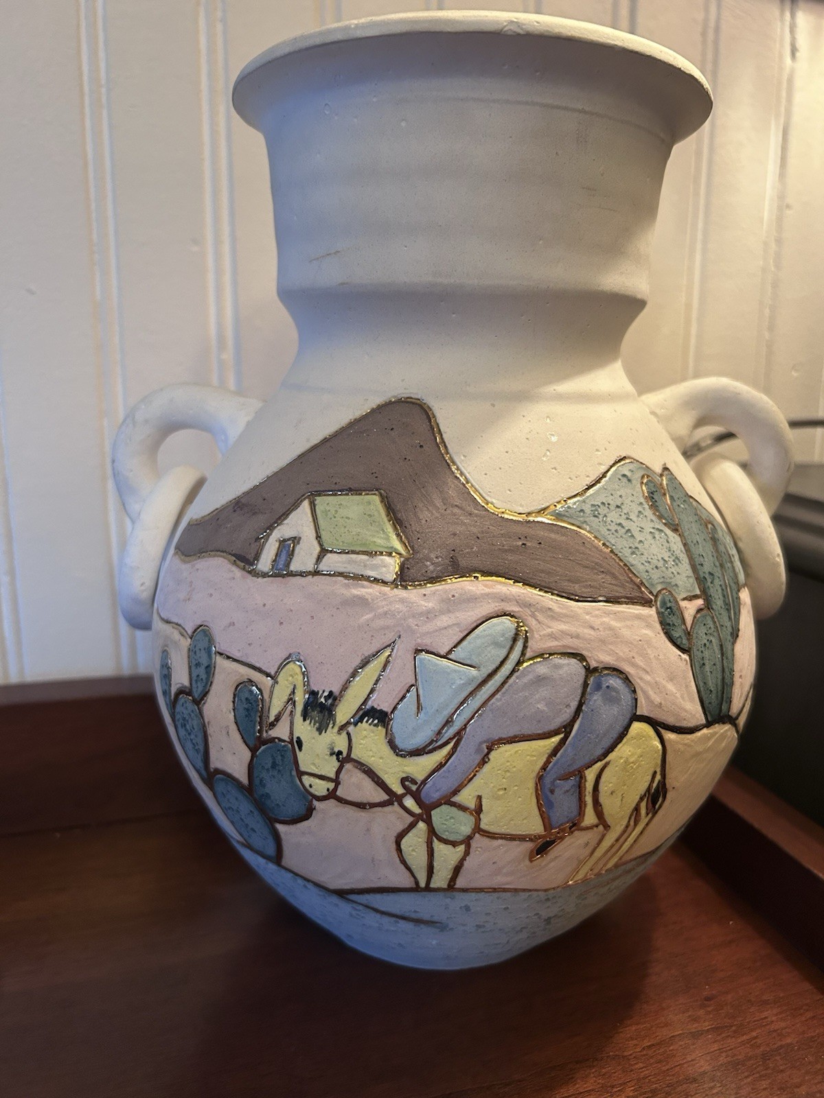 Vintage Acevloza Vase Hand Painted Donkey Cactus Southwest Desert Ring Handles Vintage Acevloza Vase Hand Painted Donkey Cactus Southwest Desert Ring Handles