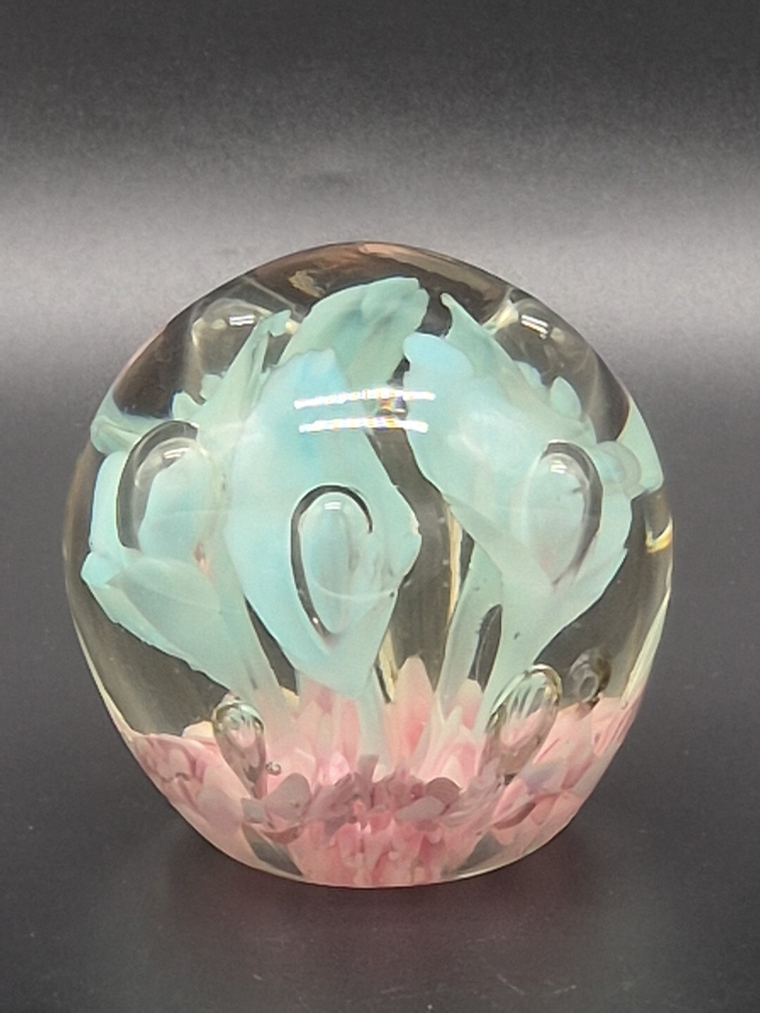 Joe St. Clair Paperweight  Light Blue And Pink Trumpet Flower Controlled Bubbles