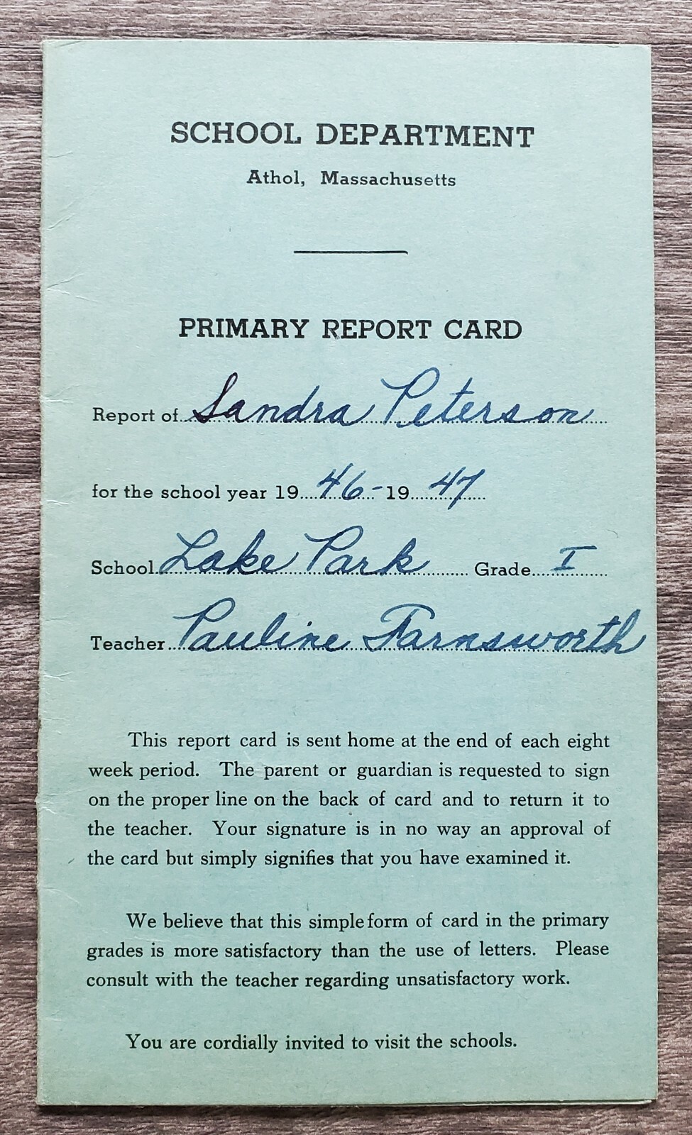 Vintage 1946-47 Athol Mass Elementary School 1st Grade Report Card Ephemera Vintage 1946-47 Athol Mass Elementary School 1st Grade Report Card Ephemera