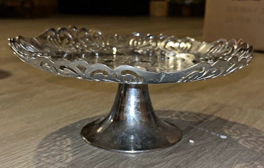 Silver Plate Pierced Pedestal Bowl Compote Dish with Floral Design