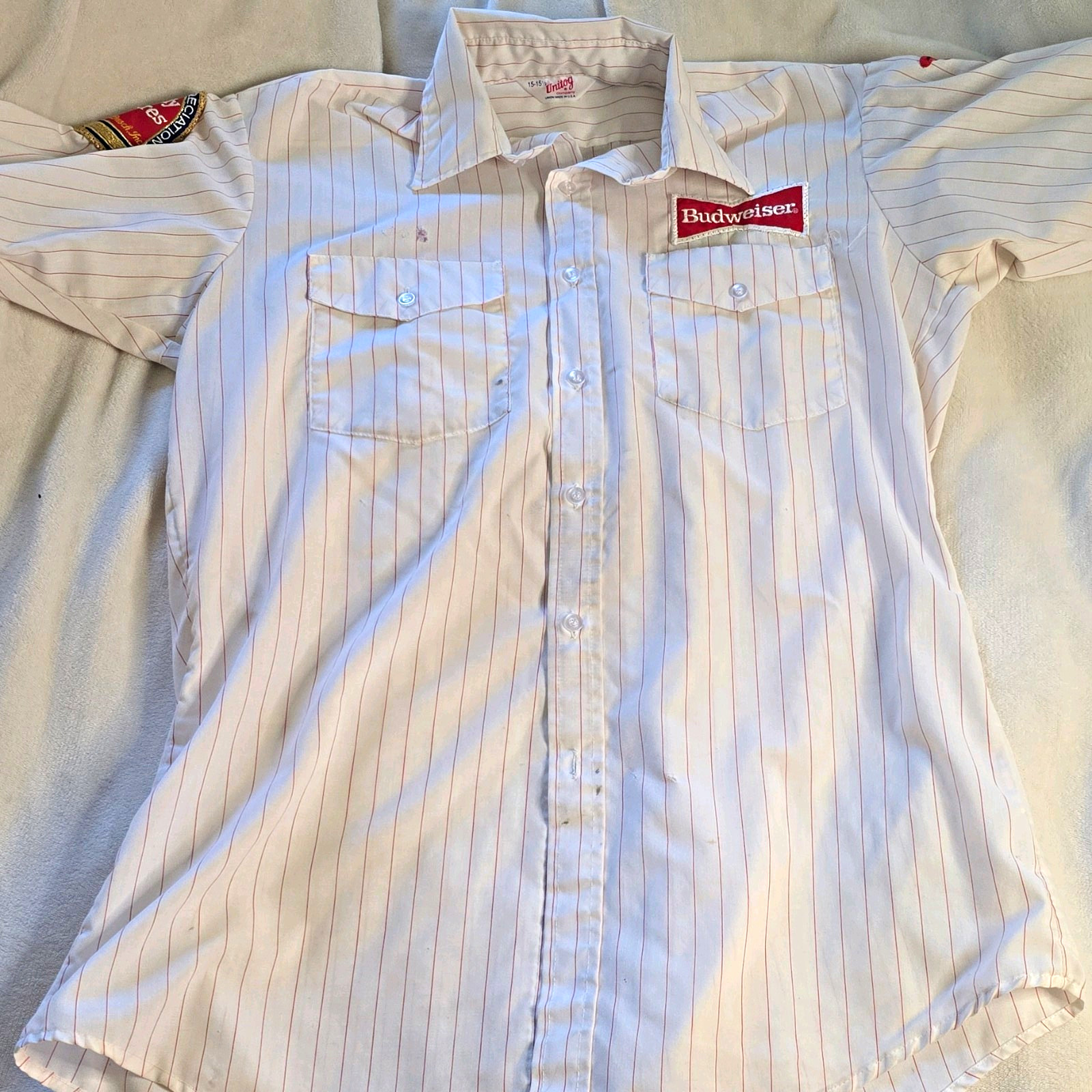 Vintage 70s 80s Unitog Budweiser Work Shirt Pinstripe Patches Delivery Men's 15-