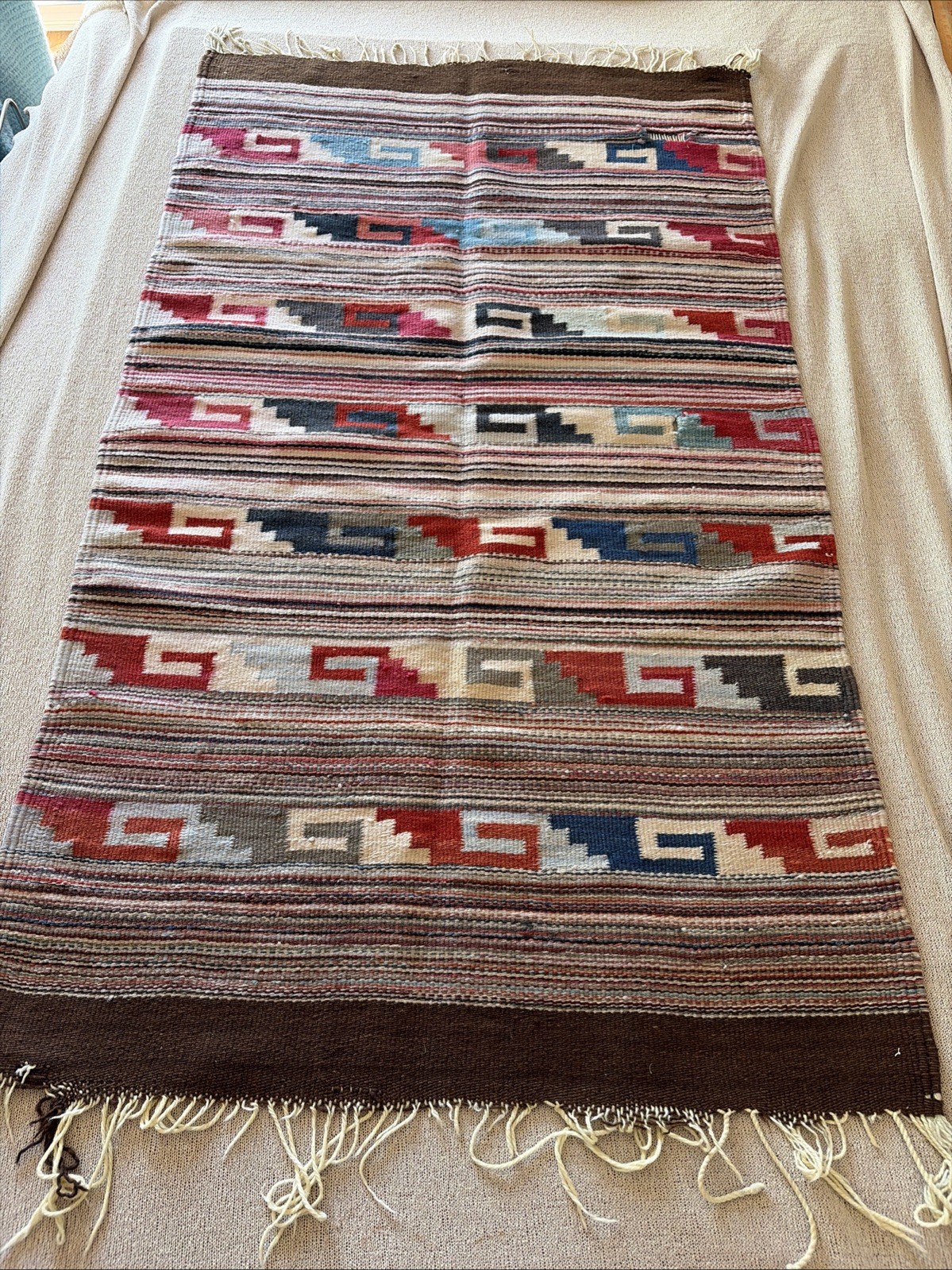 Vtg Southwestern Handwoven Wool Rug Wall Hanging Blue Navajo Style 27x47 Damaged