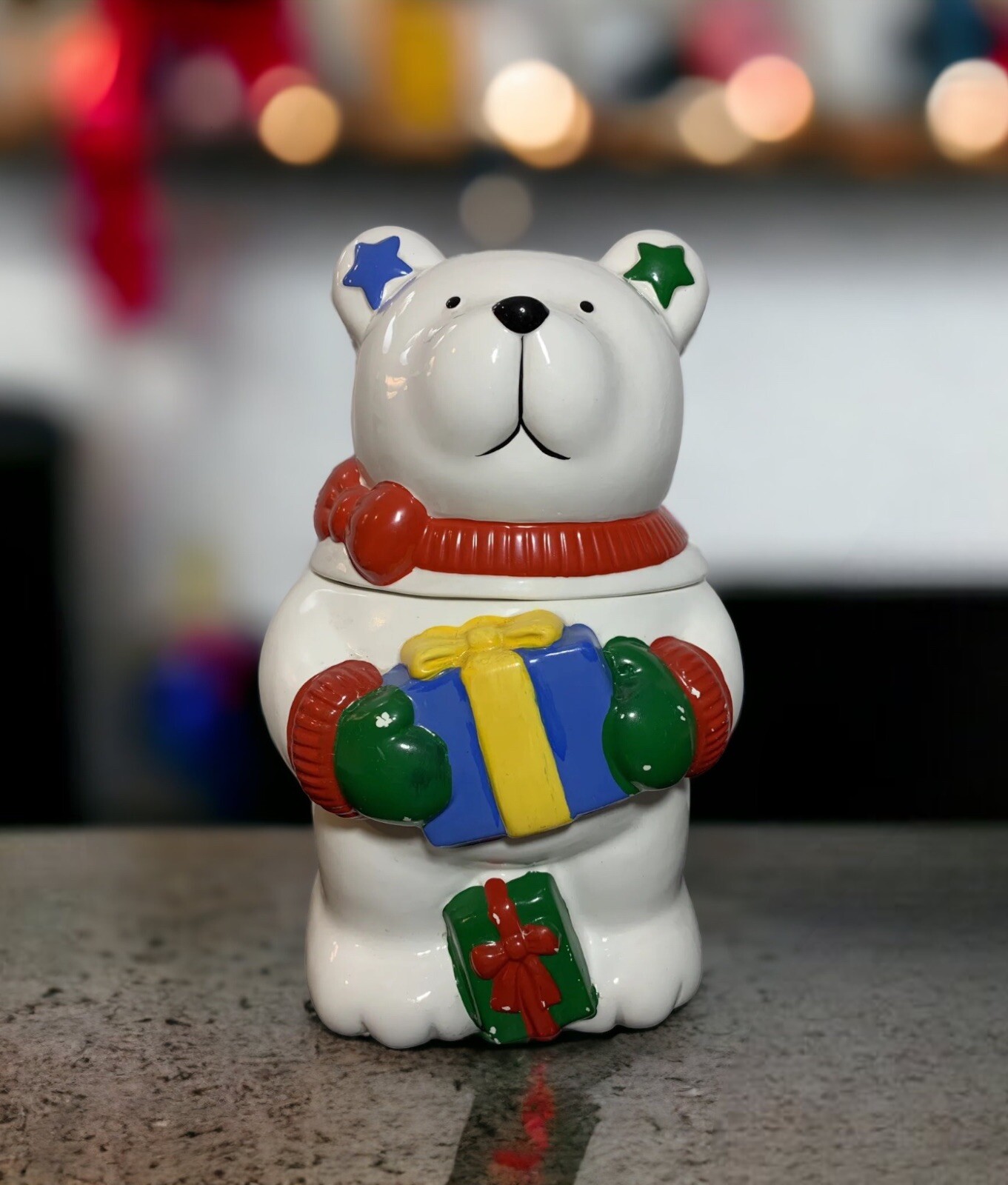Vtg FWC White Holiday Bear With Colorful Presents Cookie Jar Taiwan 12”