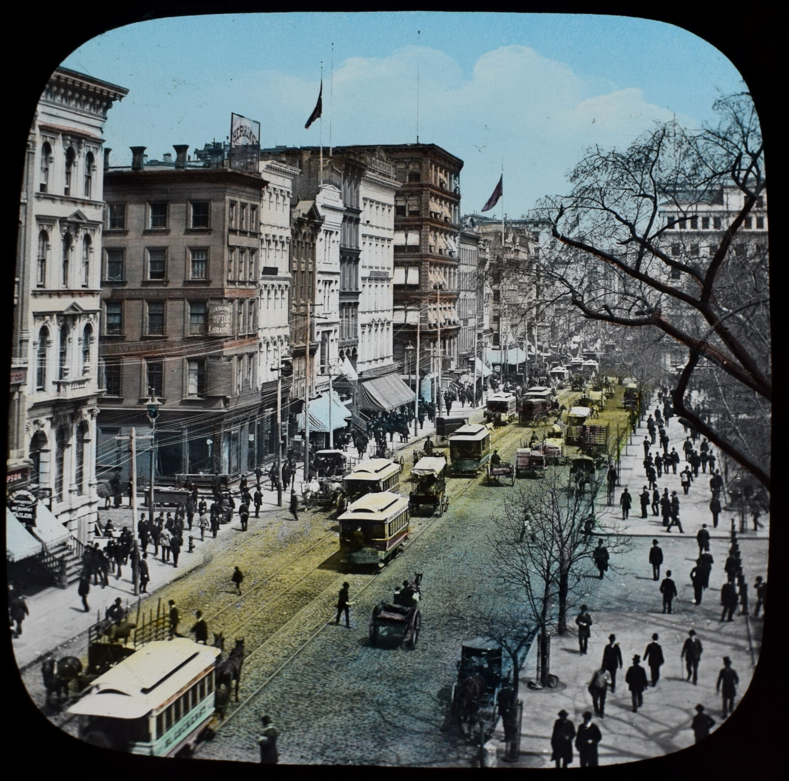 BROADWAY NEW YORK USA C1888 ANTIQUE Magic Lantern Slide HAND TINTED PHOTO