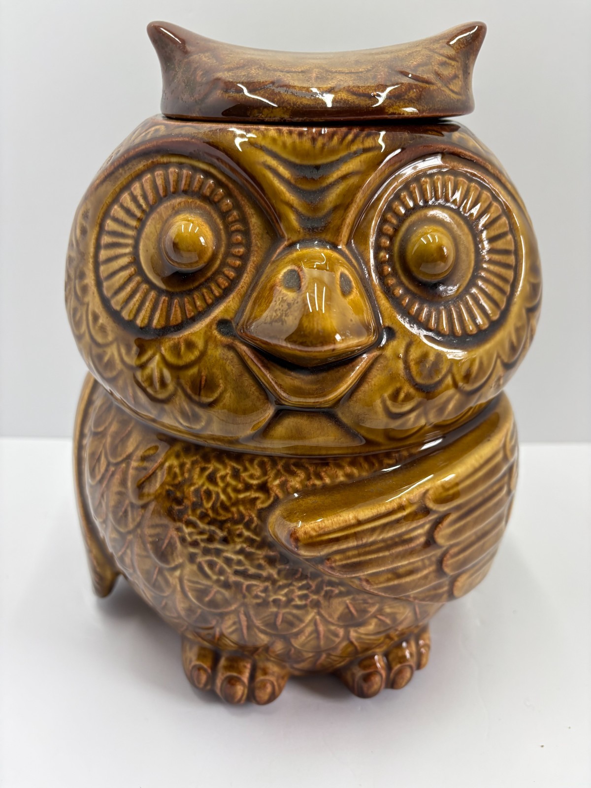 Vintage Brown Glazed Owl Cookie Jar MCM 1970s