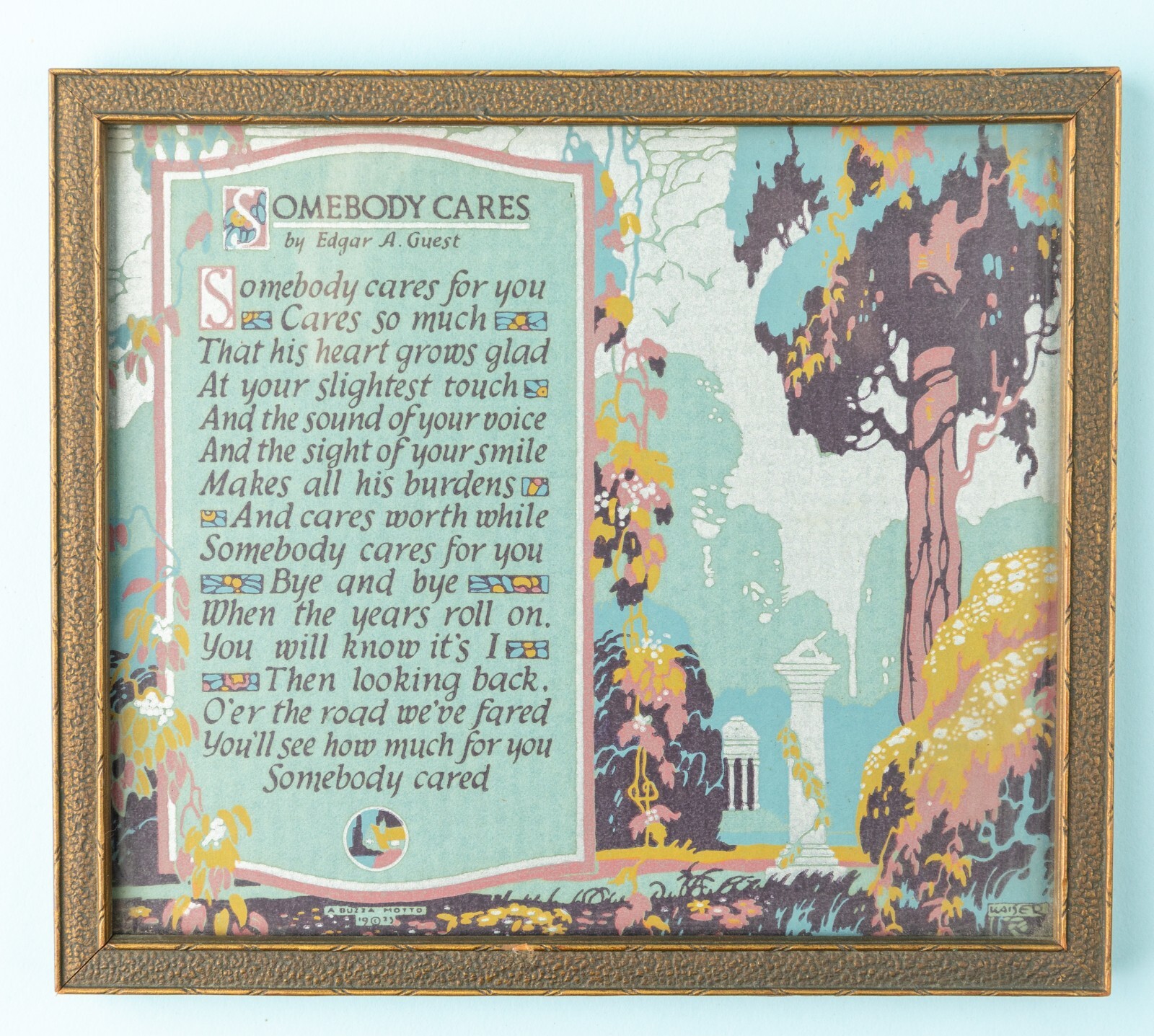 Antique/Vintage Buzza Co. Framed Motto, \'Somebody Cares\' Art Deco 1923 Antique/Vintage Buzza Co. Framed Motto, \'Somebody Cares\' Art Deco 1923