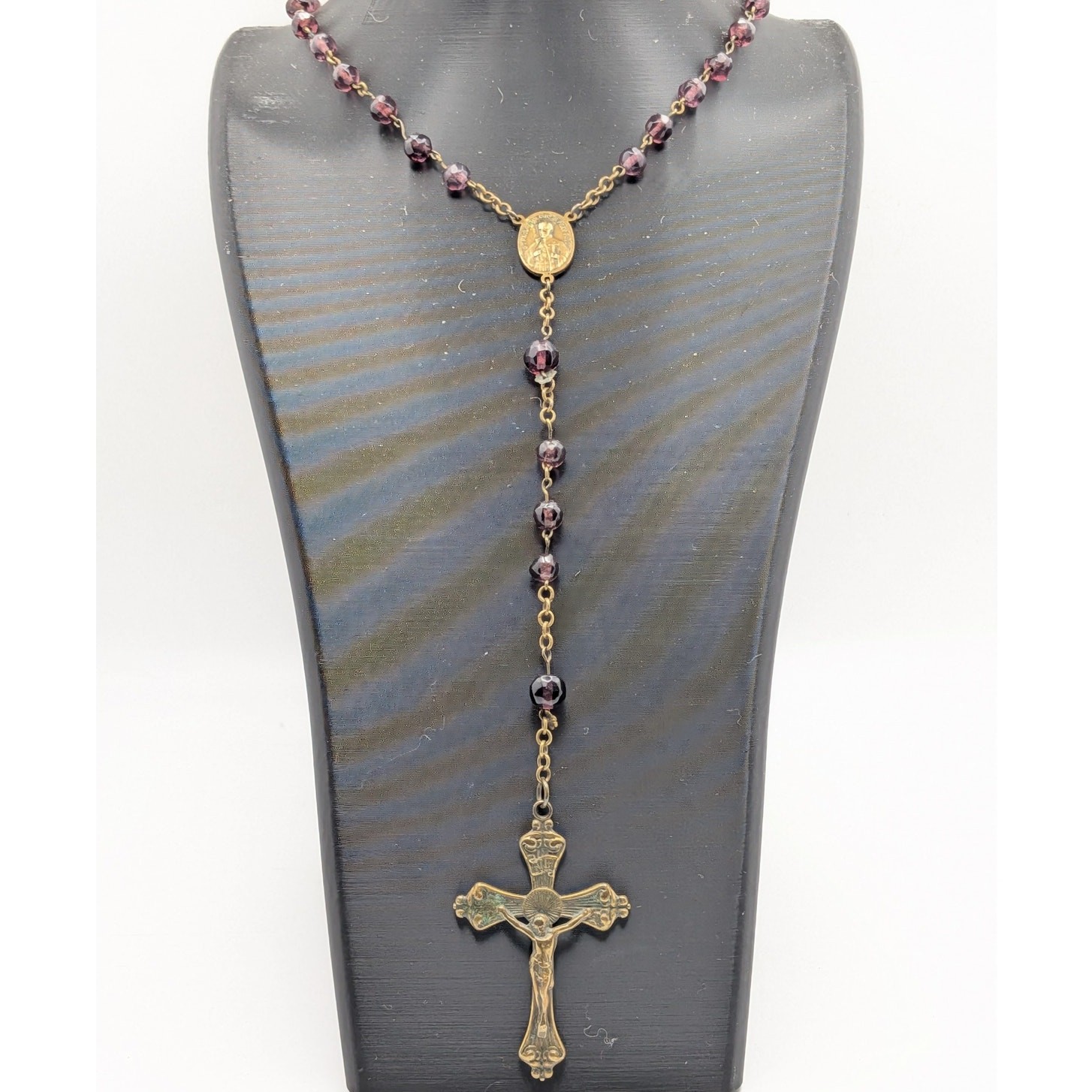 Purple Glass Rosary Gold Tone Crucifix St. Gabriel St. Paul Religious READ VTG