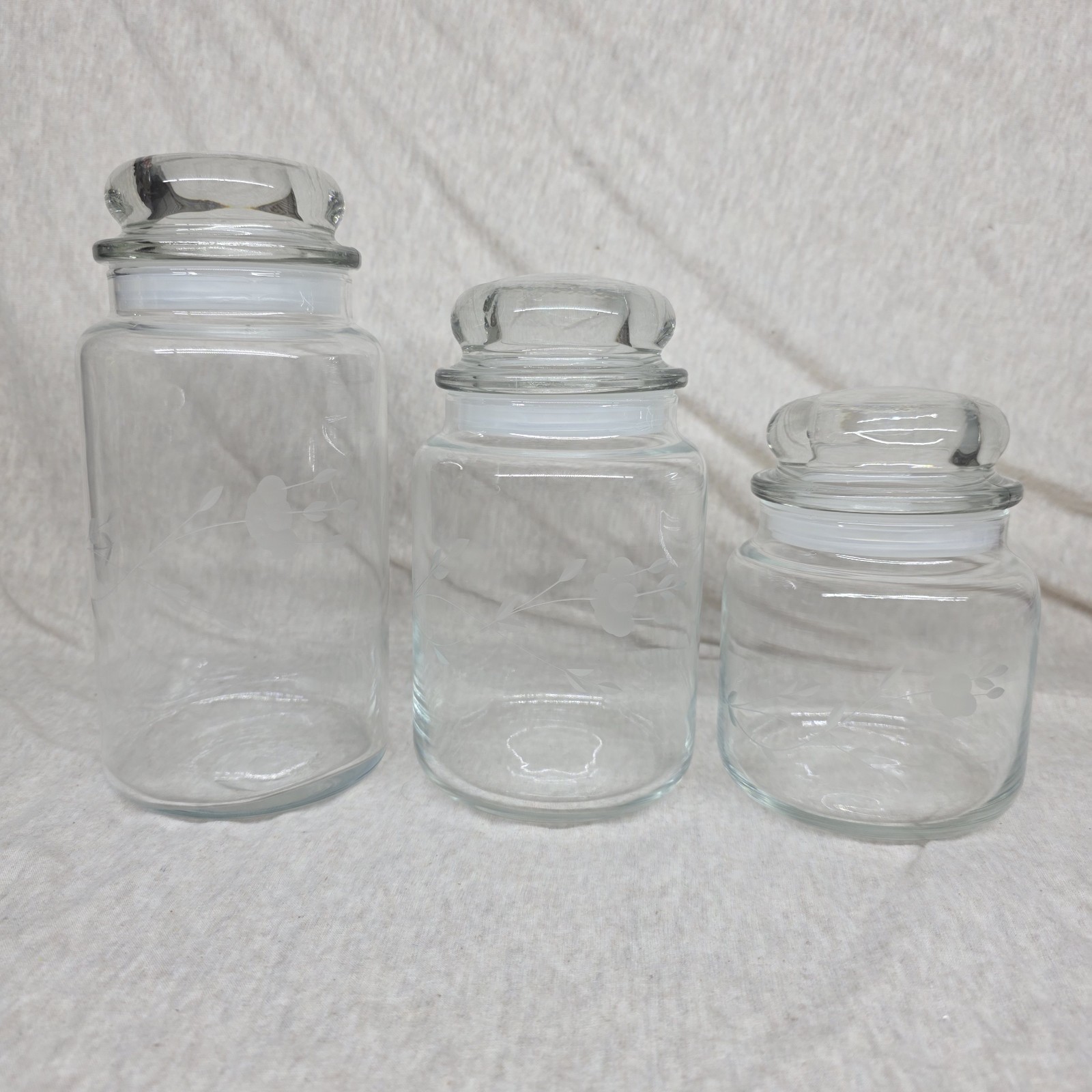 Vintage Princess House Heritage Glass Canister Set of 3 Etched Floral Pristine Vintage Princess House Heritage Glass Canister Set of 3 Etched Floral Pristine
