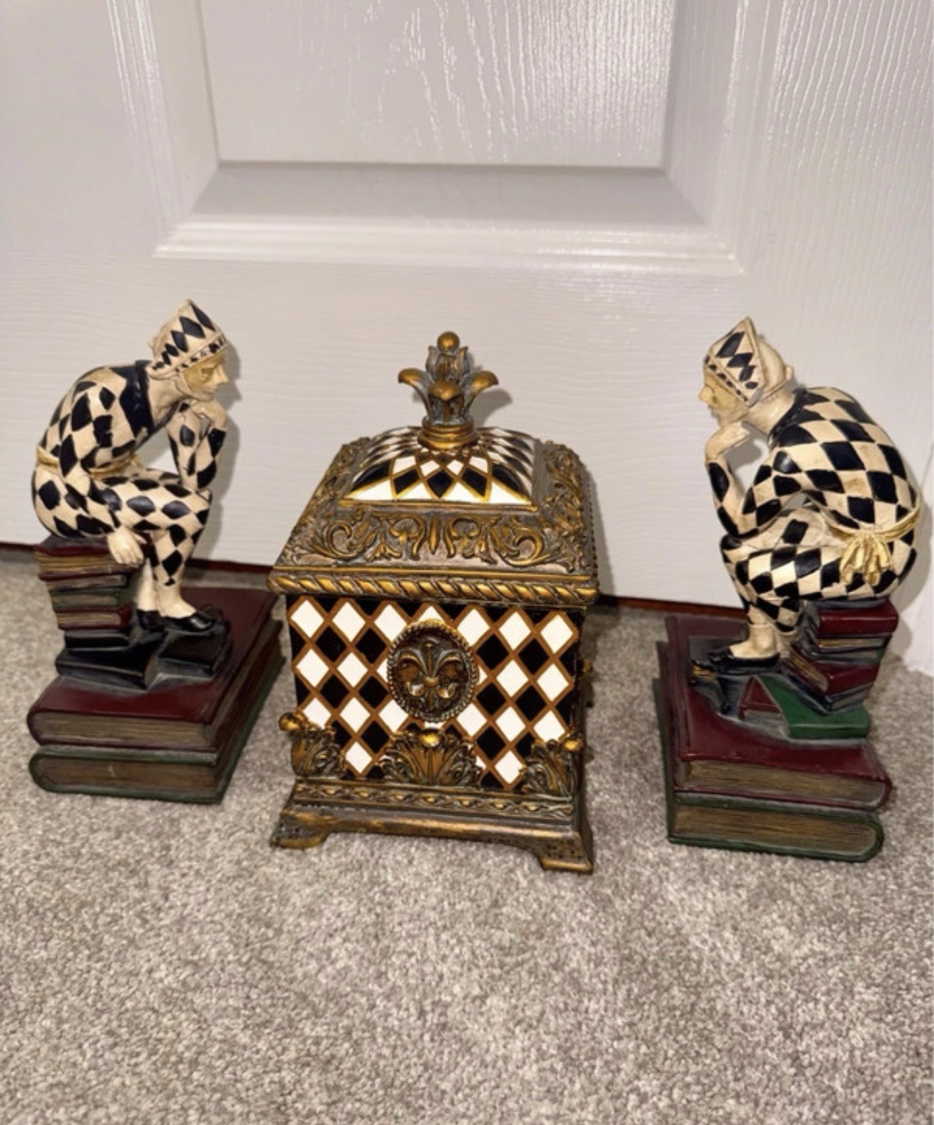 Vintage Harlequin Jester Bookends & Lidded Trinket Box 3-Piece Décor Set