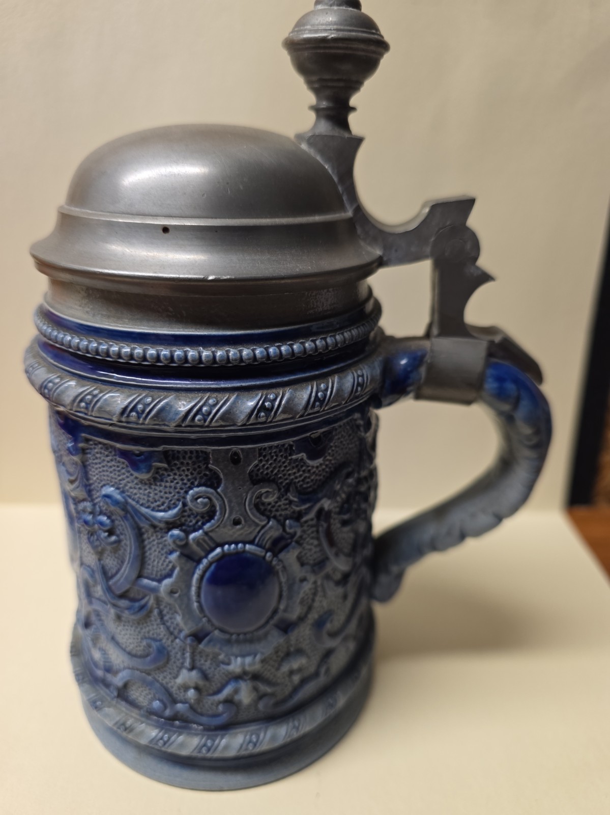 Vintage German Blue Salt-Glazed Beer Stein 320 Cobalt Ceramic Relief Lidded .5L Vintage German Blue Salt-Glazed Beer Stein 320 Cobalt Ceramic Relief Lidded .5L