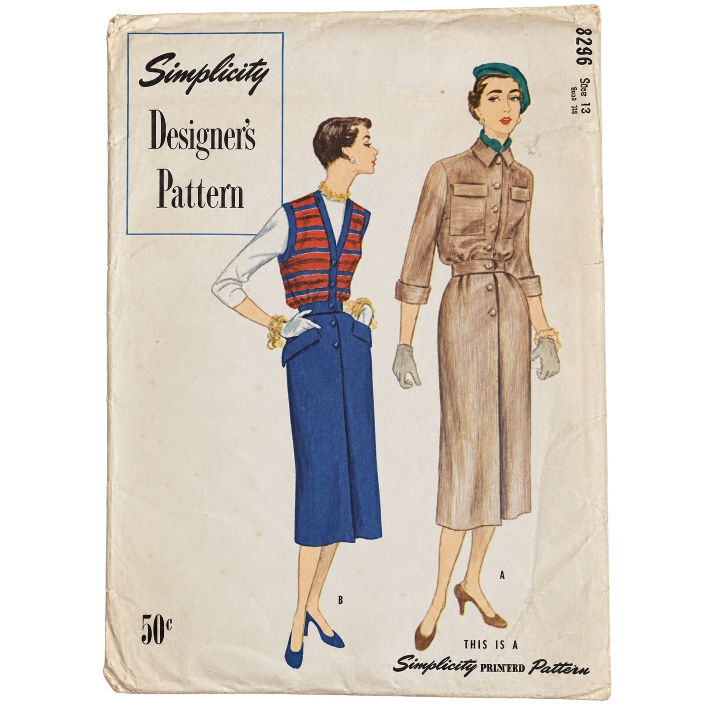 Vintage Simplicity 8296 1950s Designer Suit Skirt Jacket Pattern Size 13 Bust 31