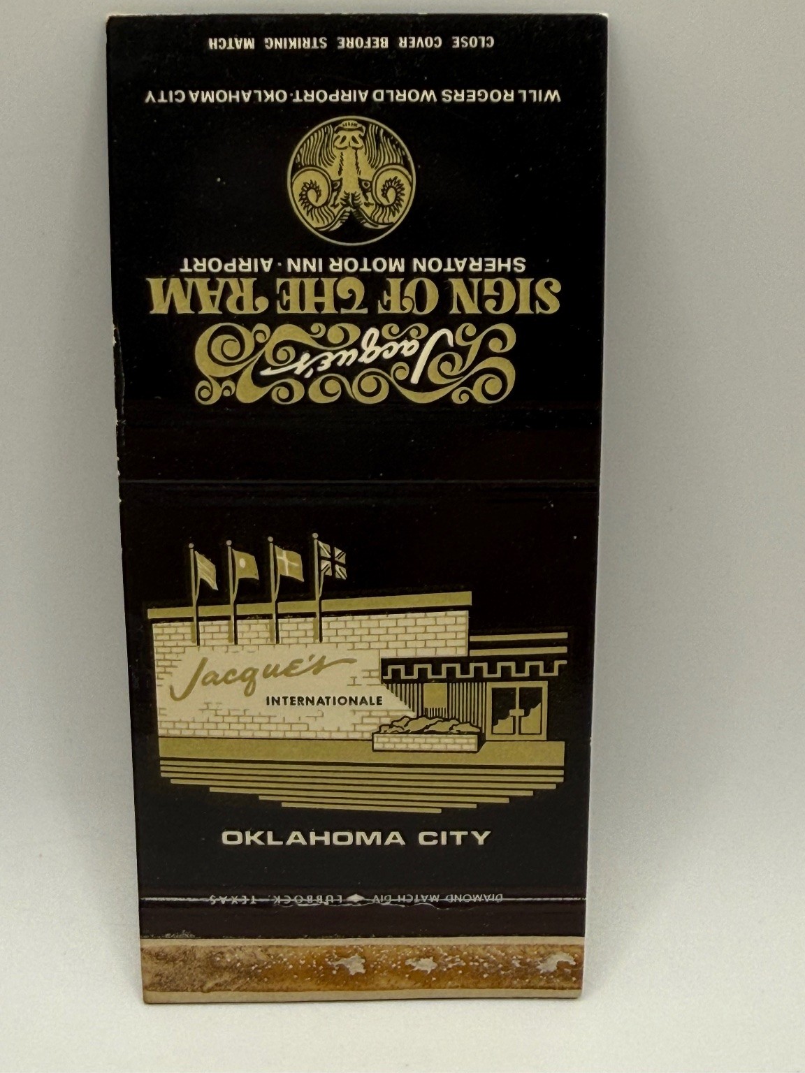 Vintage Jacques\' Sign of the Ram Matchbook Sheraton OKC Airport OK