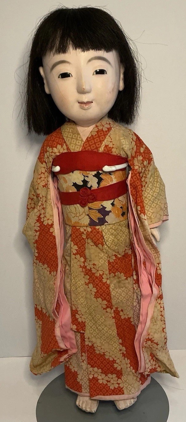 ANTIQUE ICHIMATSU JAPANESE GEISHA DOLL W/ ORIGINAL KIMONO GLASS EYES JAPAN 20”