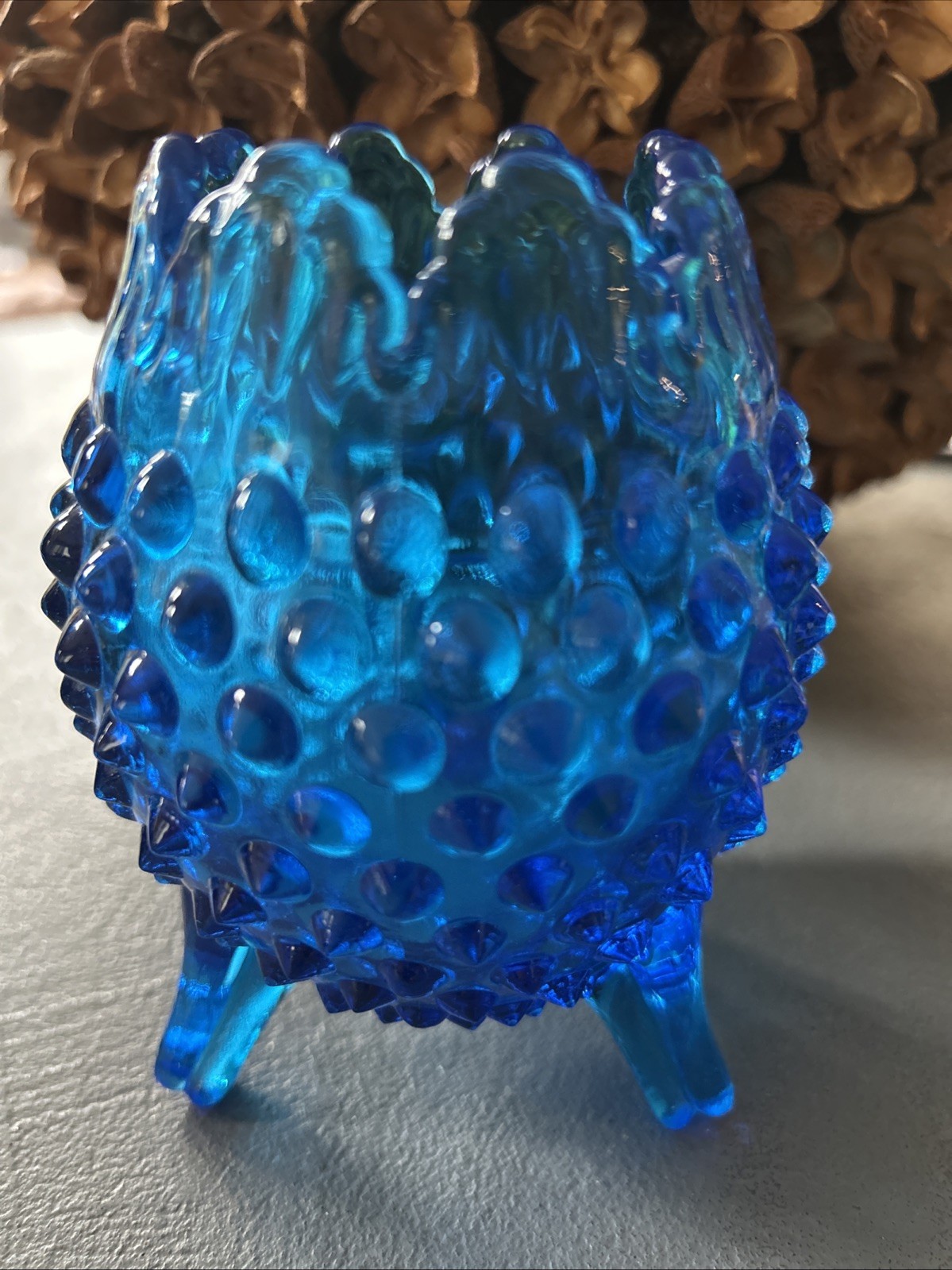 Fenton Colonial Blue Hobnail 3-Footed Egg-Shaped Vase with Crown Top 5 Fenton Colonial Blue Hobnail 3-Footed Egg-Shaped Vase with Crown Top 5