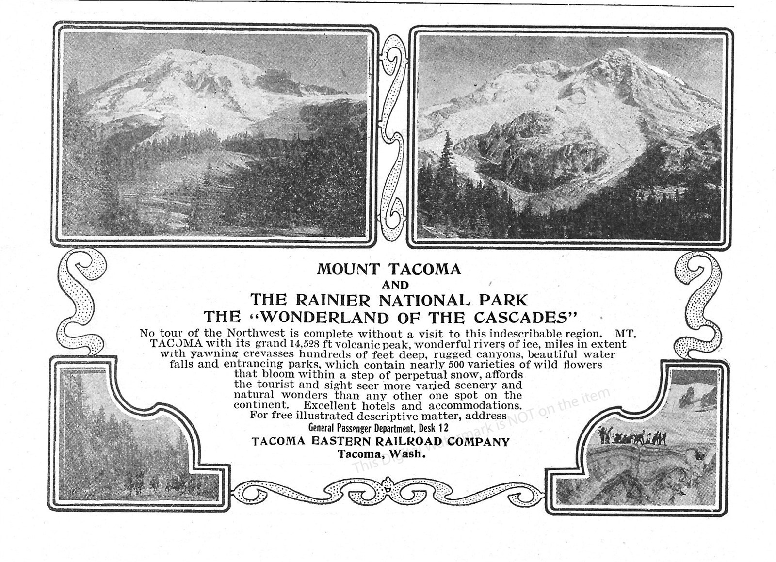 1907 Tacoma Eastern Railroad Co WA Ad * Visit Mount Tacoma + Rainier Nat\'l Park