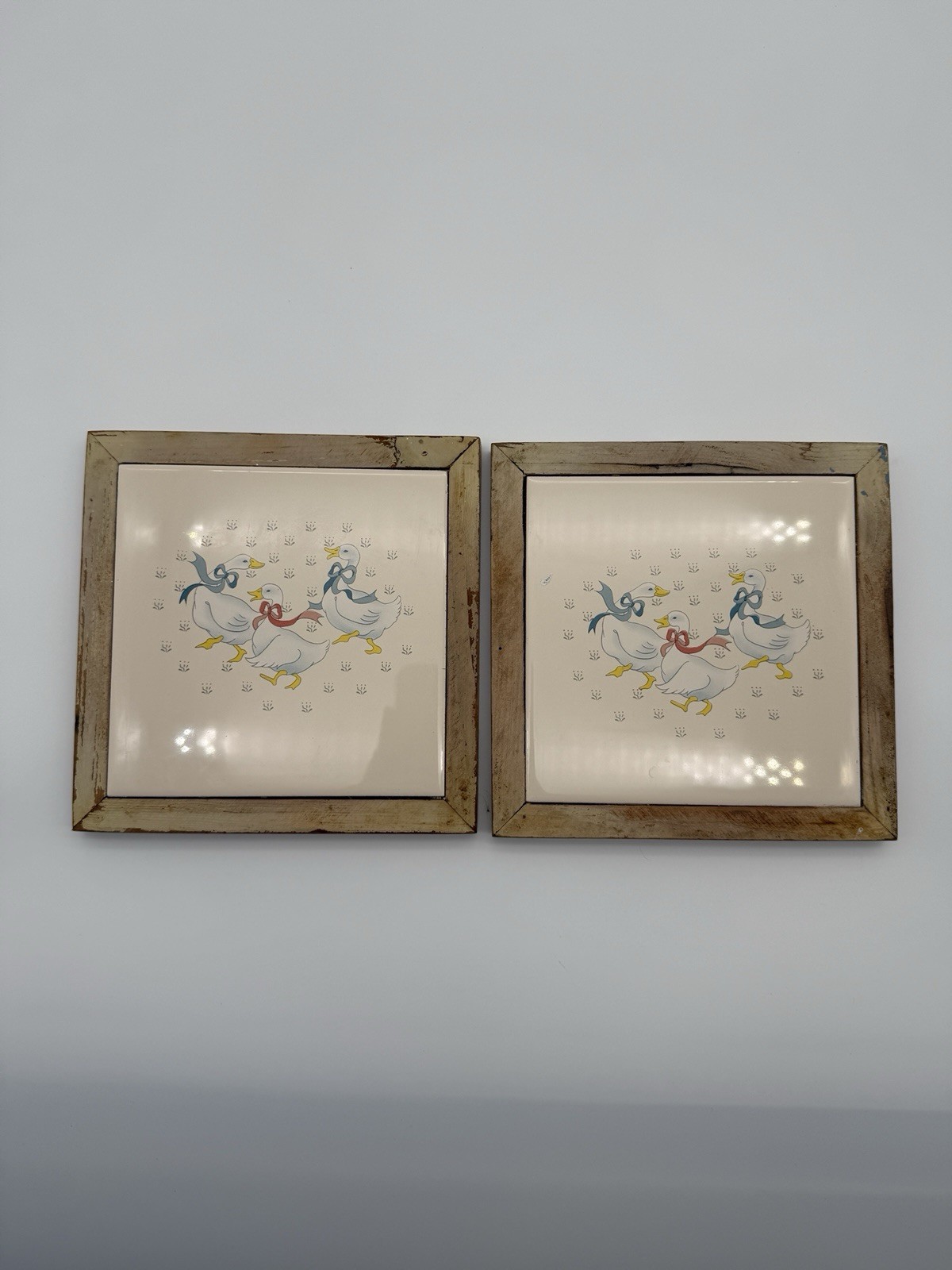 2 Vintage Marmalade Geese Ceramic and Wood Hot Plate Trivet Or Wall Hangings