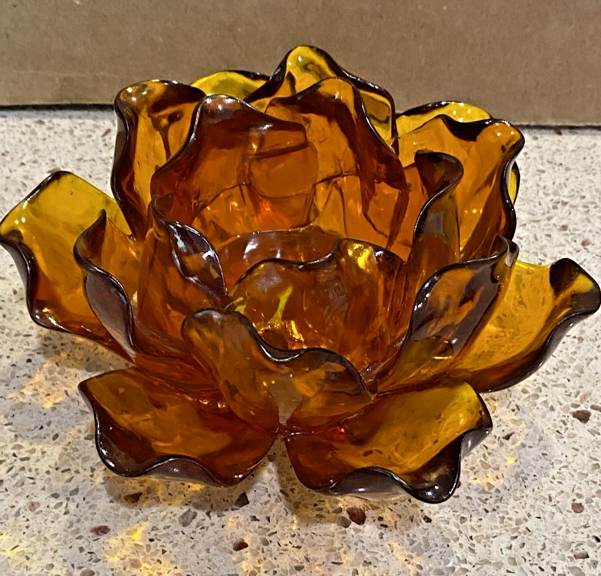 Vintage Lotus Tea Light Holder Lucite Amber With Swirl