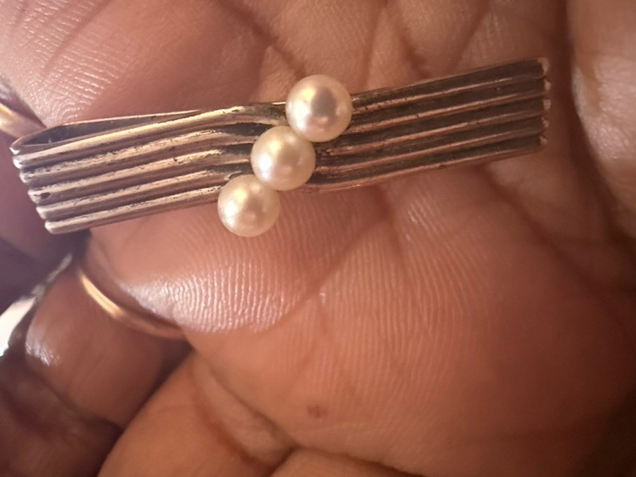 Vtg Mikimoto Tokyo  3 Pearl Sterling Silver & Pearl  Tie Clip Mens Jewerly