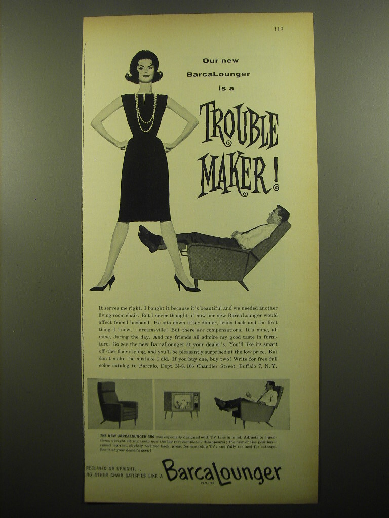 1960 Barcalounger Chair Ad - Our new BarcaLounger is a Trouble Maker