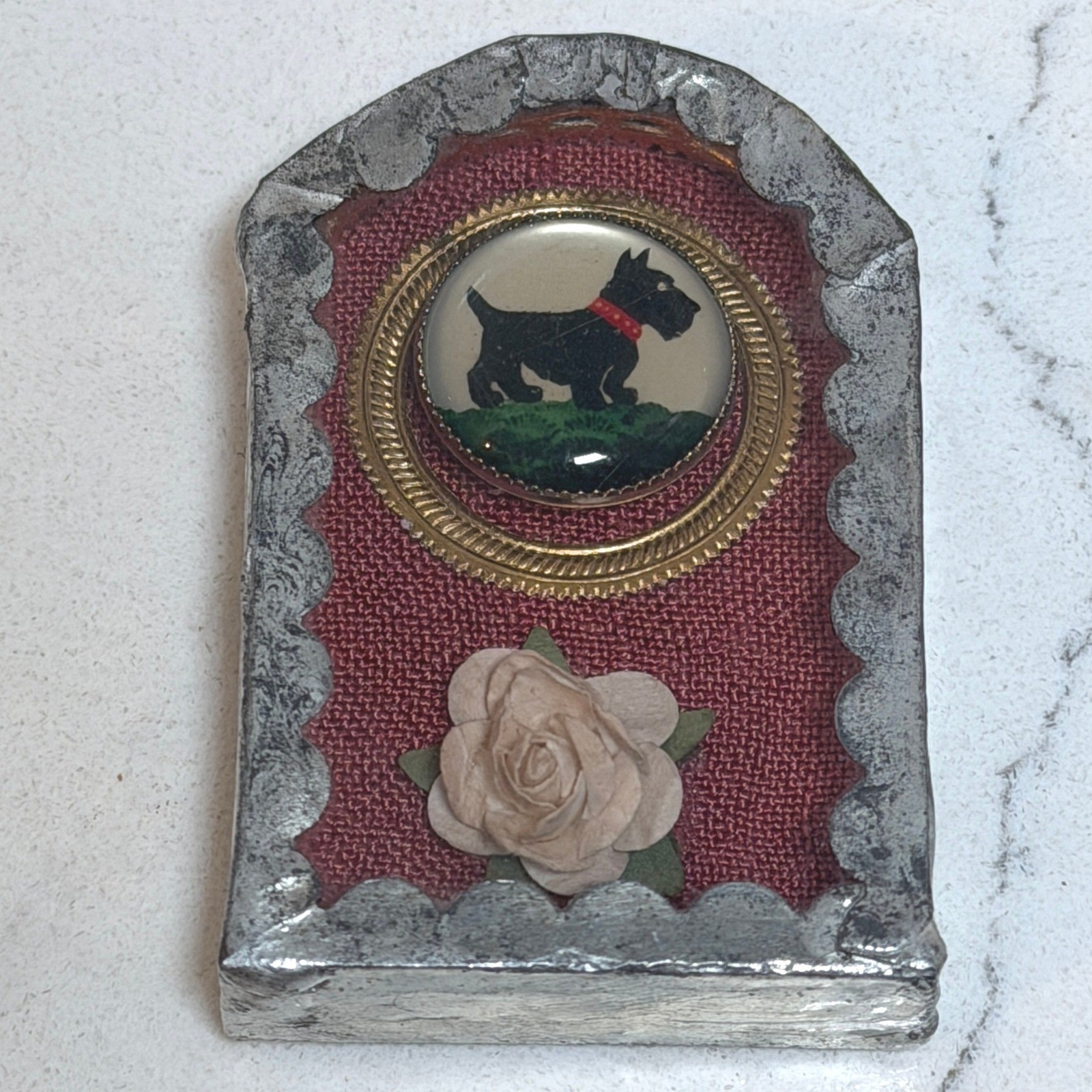 Vtg French Pocket Shrine Mini Shadowbox Scottie Dog Reverse Painted Lucite 1940s