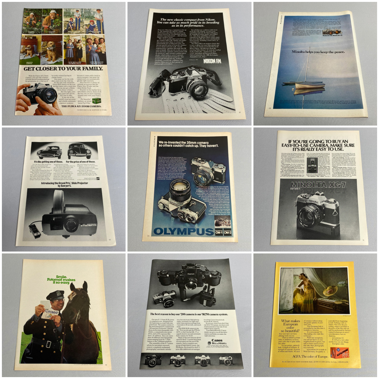 \'70s 35mm Cameras, Film, Slides - Vintage Magazine Print Ads - Lot of 9