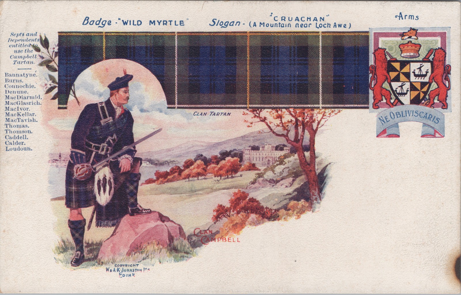Clan Campbell Scottish Tartan Arms Postcard c1905 W&A K Johnston Undivided Back