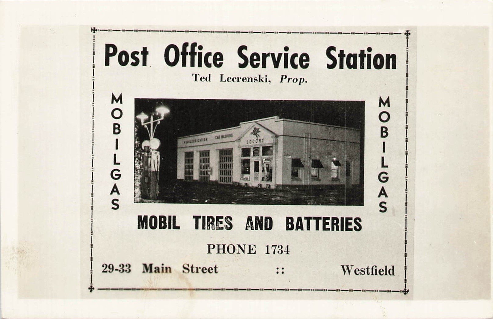 RPPC Mobil Gas Service Station At Night Westfield Massachusetts MA Mobil Tires RPPC Mobil Gas Service Station At Night Westfield Massachusetts MA Mobil Tires