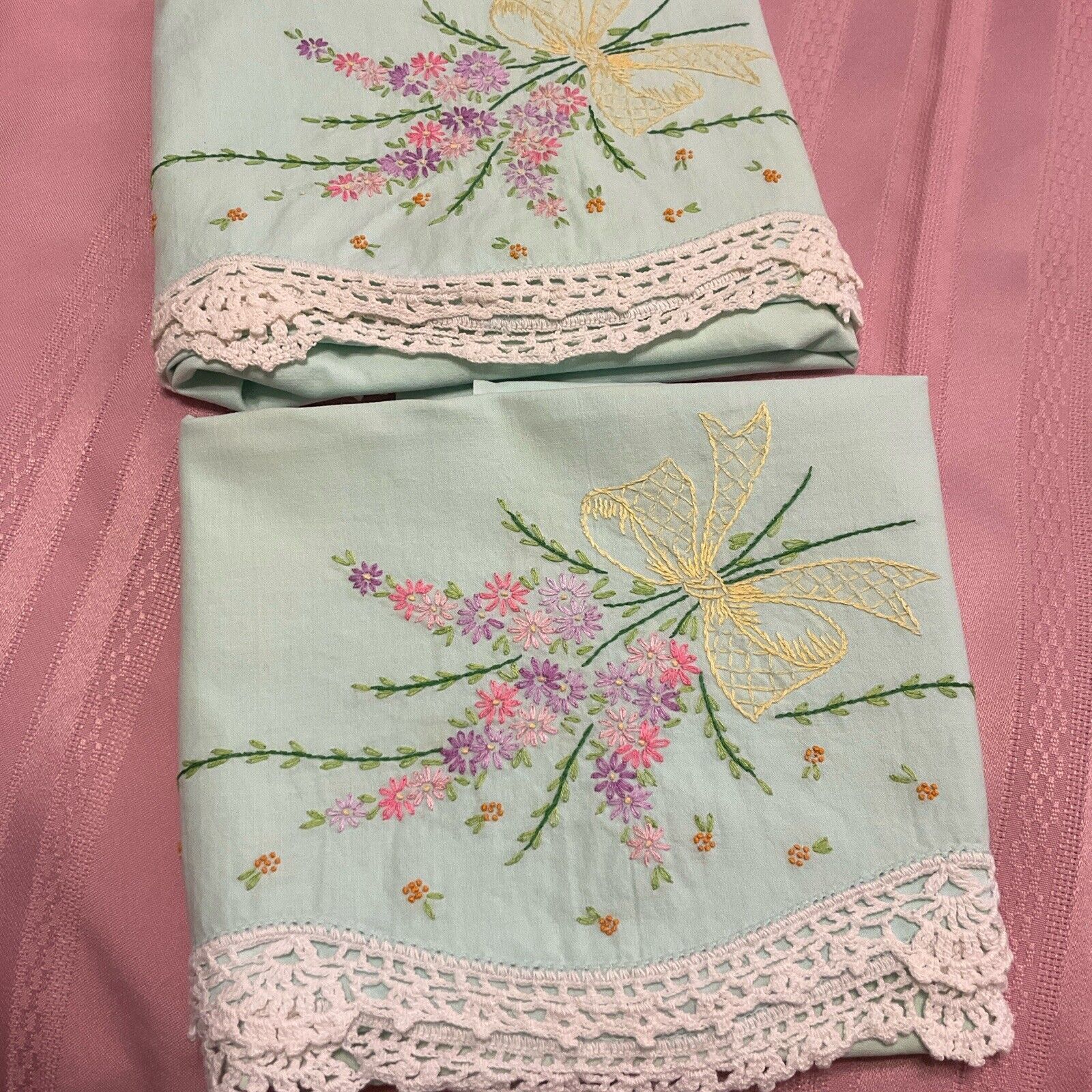 VINTAGE Aqua  Pillow Cases Hand Embroidered  Set Floral Crocheted Edge 20 x 29\